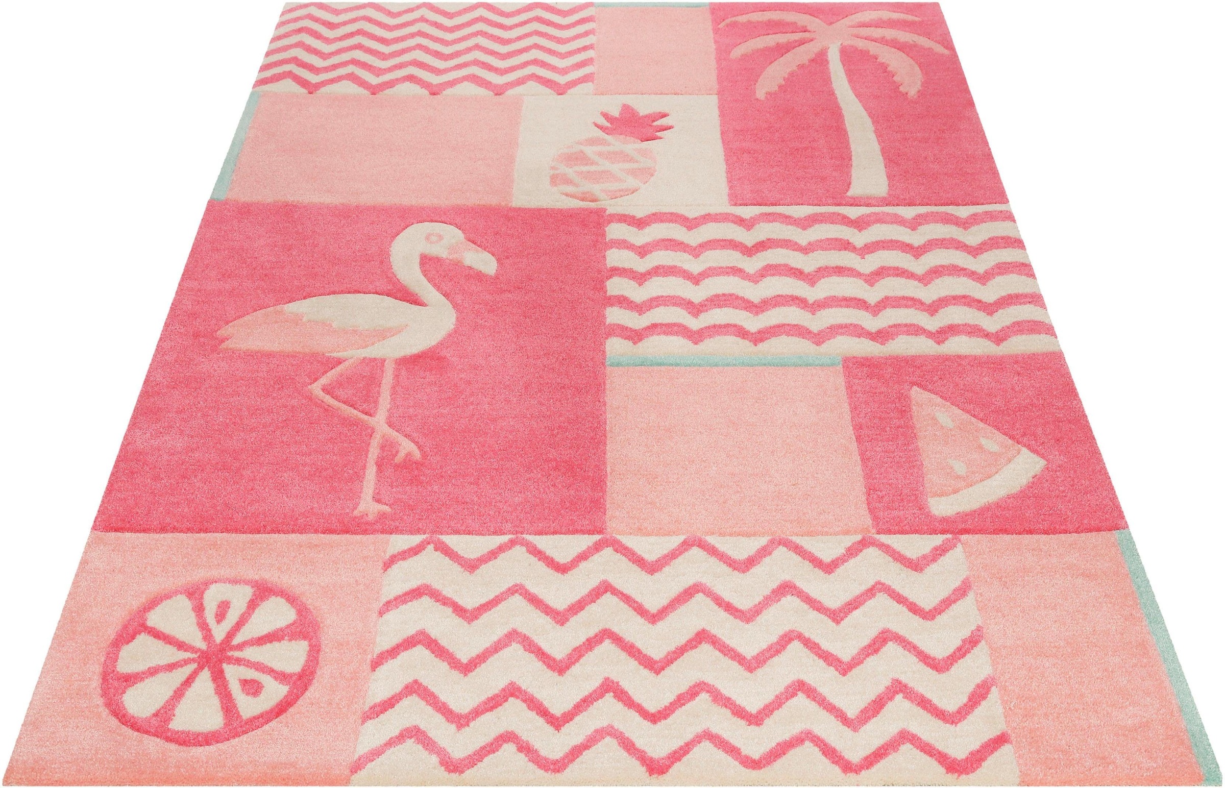 Image of SMART KIDS Kinderteppich »Fruity Flamingo«, rechteckig, 9 mm Höhe, Flamingos Palmen, Konturenschnitt bei Ackermann Versand Schweiz