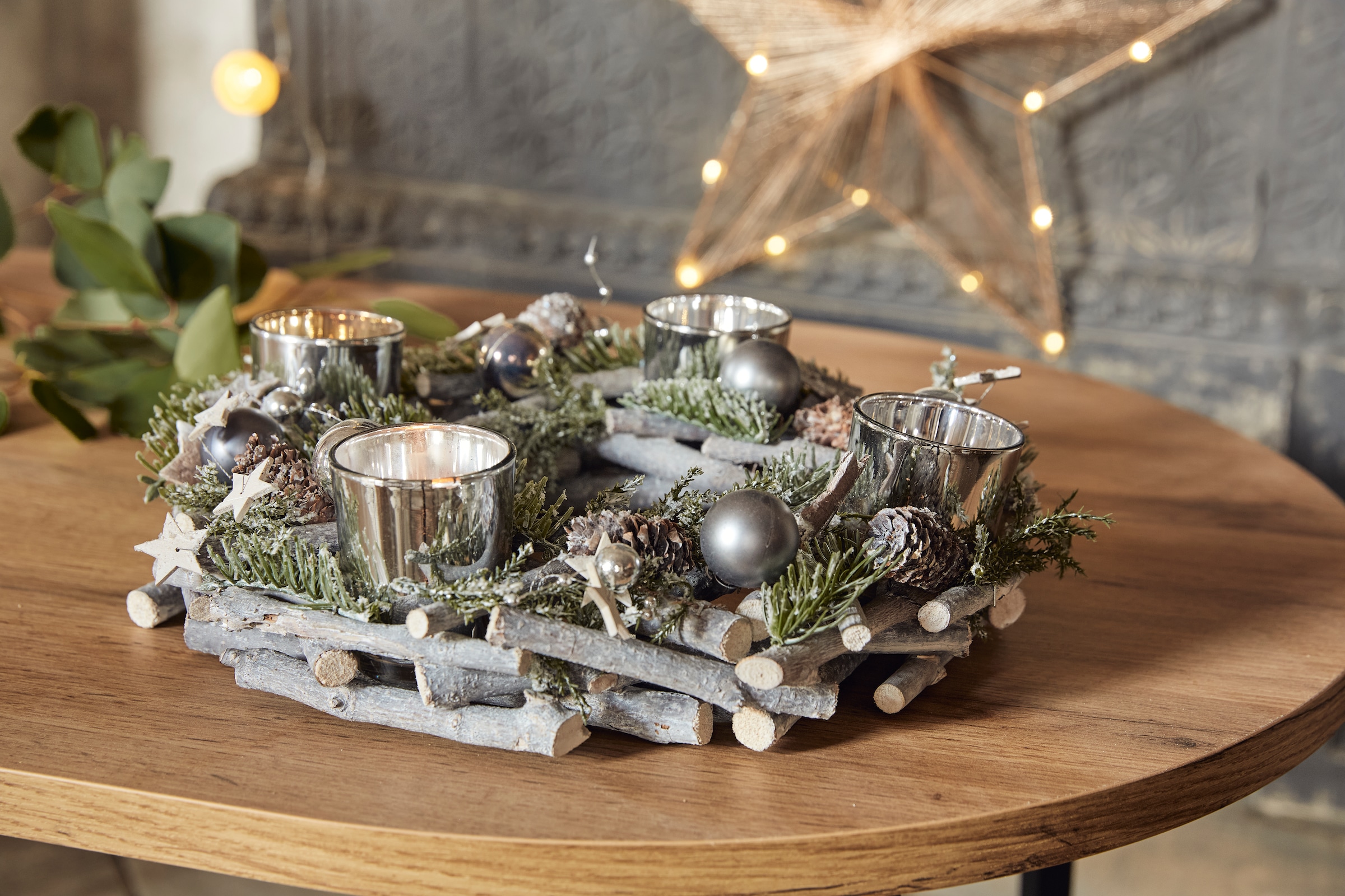für reduziert! »Weihnachtsdeko Home affaire Ø Glitter«, Teelichter, mit Adventskranz aus cm Kunstschnee 30 Echtholz, Kerzenhalter und 4