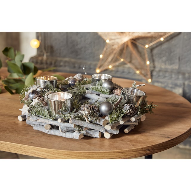 Home affaire Adventskranz »Weihnachtsdeko aus Echtholz, mit Kunstschnee und  Glitter«, Kerzenhalter für 4 Teelichter, Ø 30 cm reduziert!