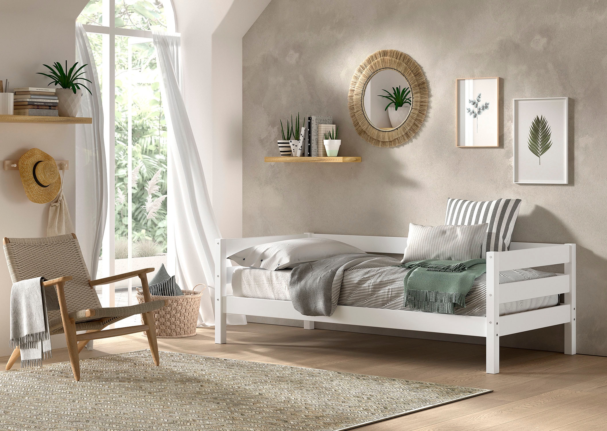Vipack Lit de jour »Margrit, mit zeitlosem Design universell einsetzbar« Surface de couchage 90 x 200 cm, incluant sommier à lattes roulantes et conversion latérale,  lit en bois massif stable, disponible en 2 couleurs au choix