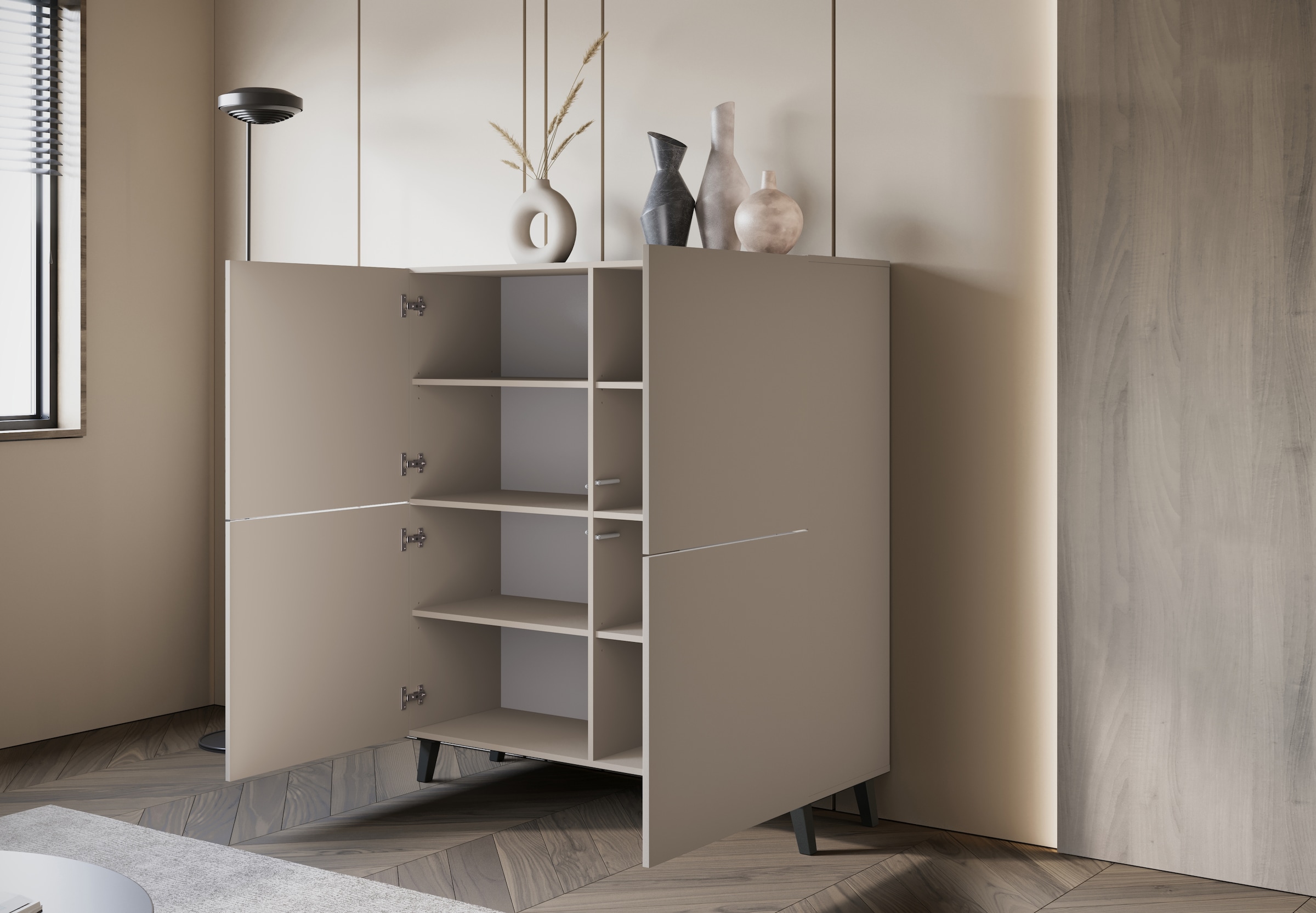 Home affaire Buffet haut »HIGHBOARD PHUKET II, Stilvolle, grifflose Hochkommode, Breite 120cm« Avec 4 portes et 8 compartiments avec étagères réglables en hauteur