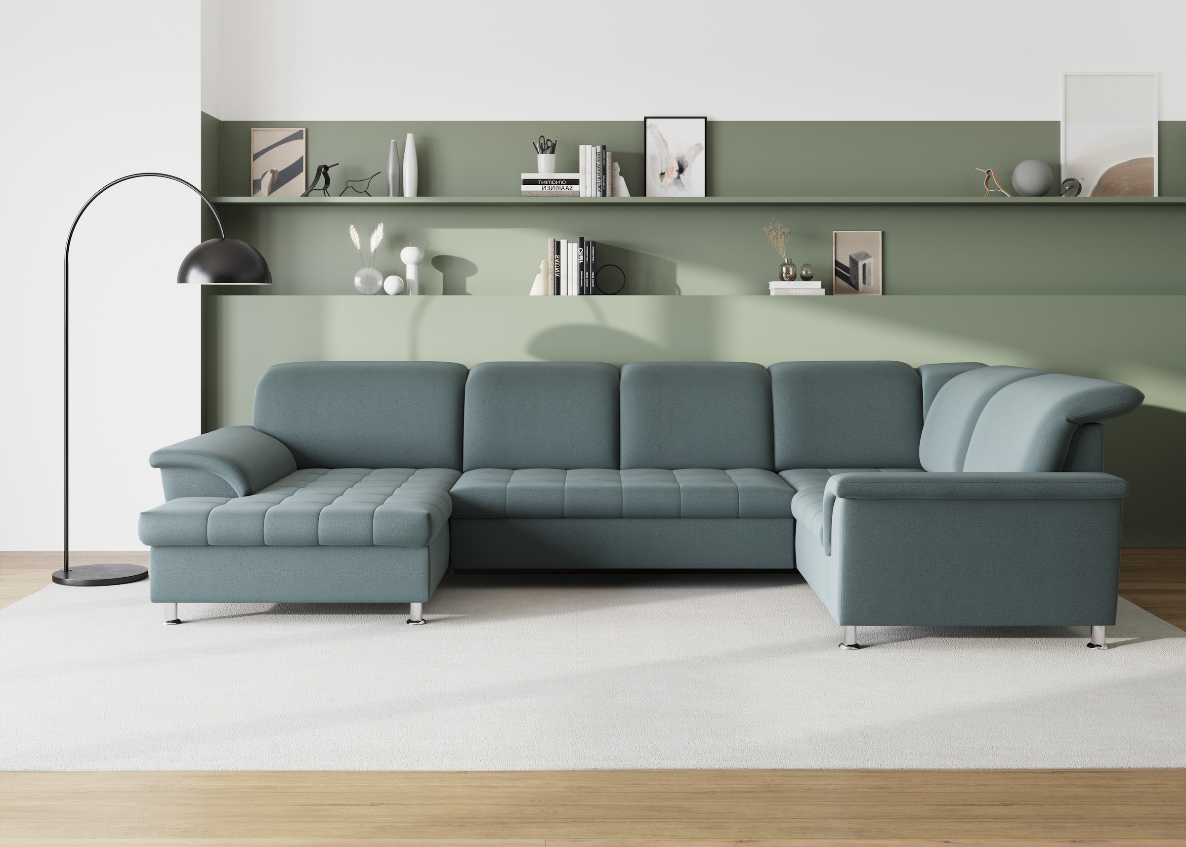 Image of DOMO collection Wohnlandschaft "FRANZI optional mit Bettfunktion, Bettkasten & Kopfteilverstellung" U-Form, Recamiere links, eisblau, B/T: 352/206 cm
