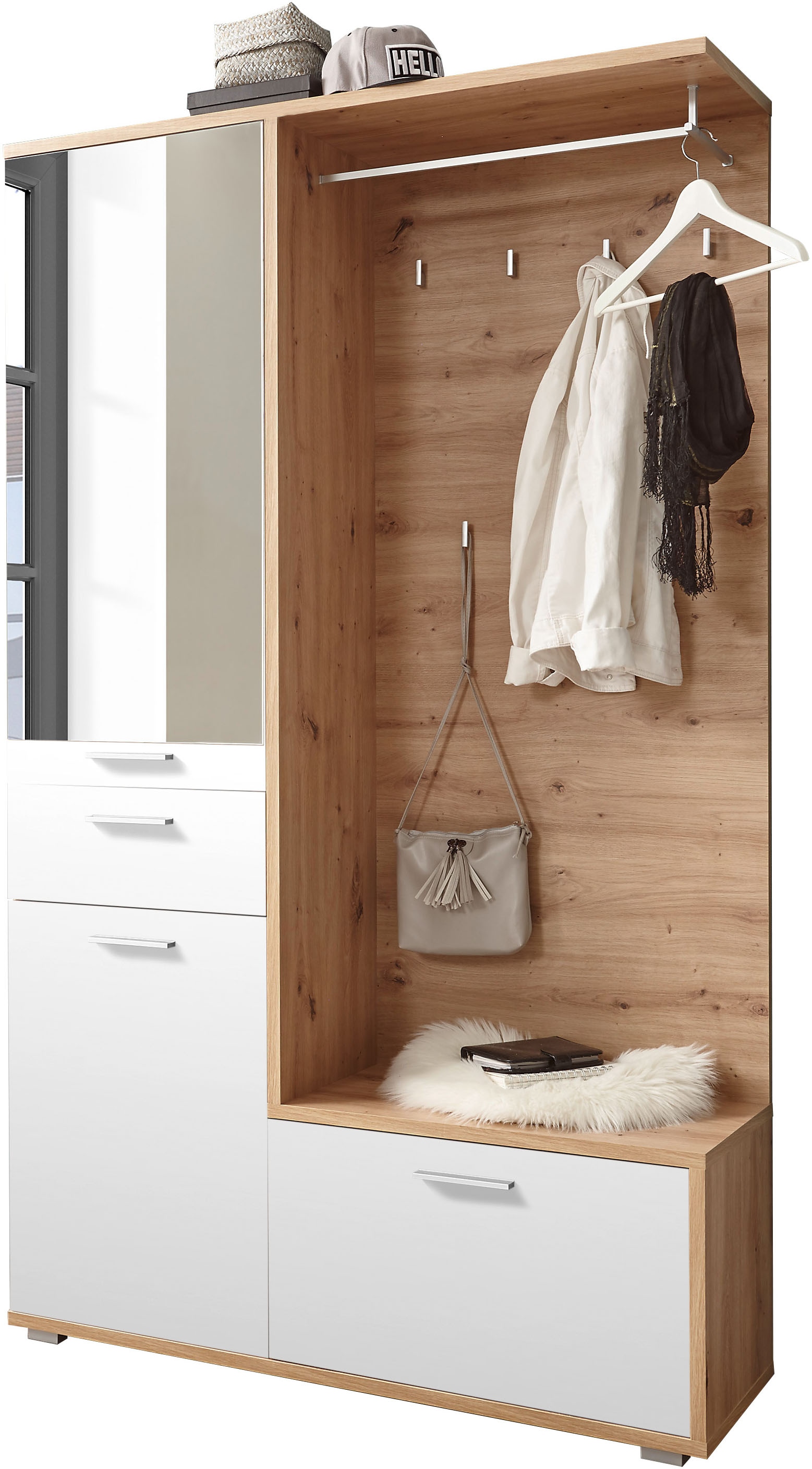 Image of HBZ Kompaktgarderobe "Entra Garderobe, BxHxT 117x198x38 cm" 3 Stk. tlg. mit Spiegel und Schubkasten