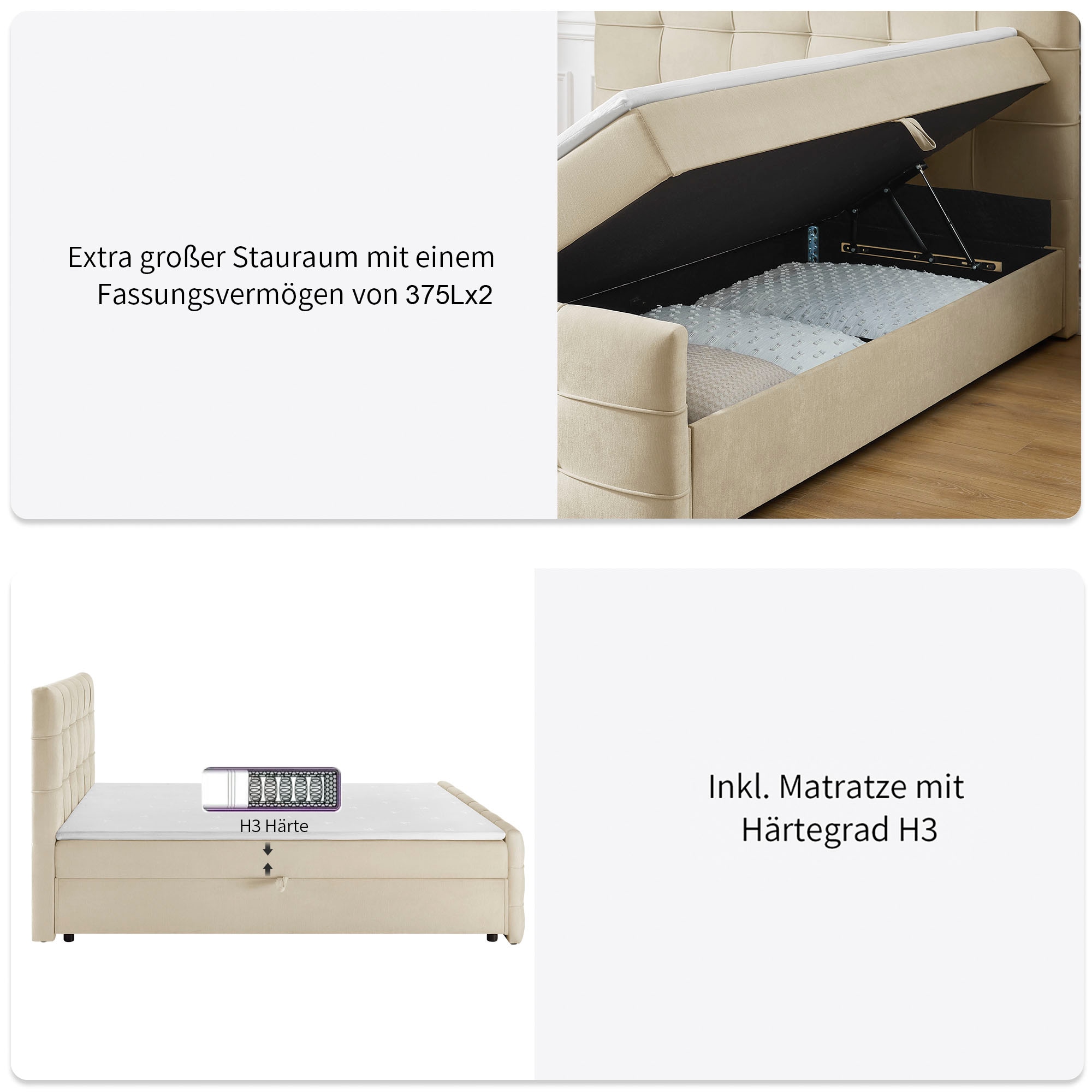 GOODproduct Boxbett »LILIENNE, Polsterbett mit Bettkasten und Taschenfederkernmatratze H3« mit Kaltschaumtopper, Chenille-Bezug, 160x200 & 180x200 cm