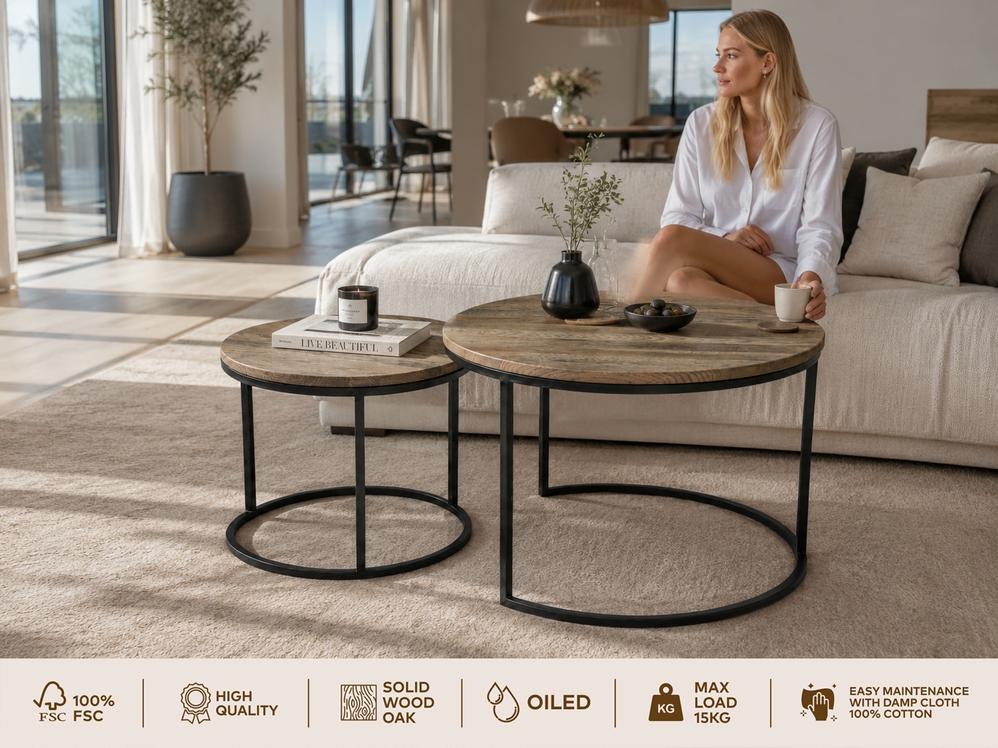 GOODproduct Couchtisch »Kiruna, Wohnzimmertisch, Sofatisch, Beistelltisch, Kaffeetisch, rund« Packung,  Wildeiche geölt Natur/Smoke, rund (Ø 60 cm), Metallgestell