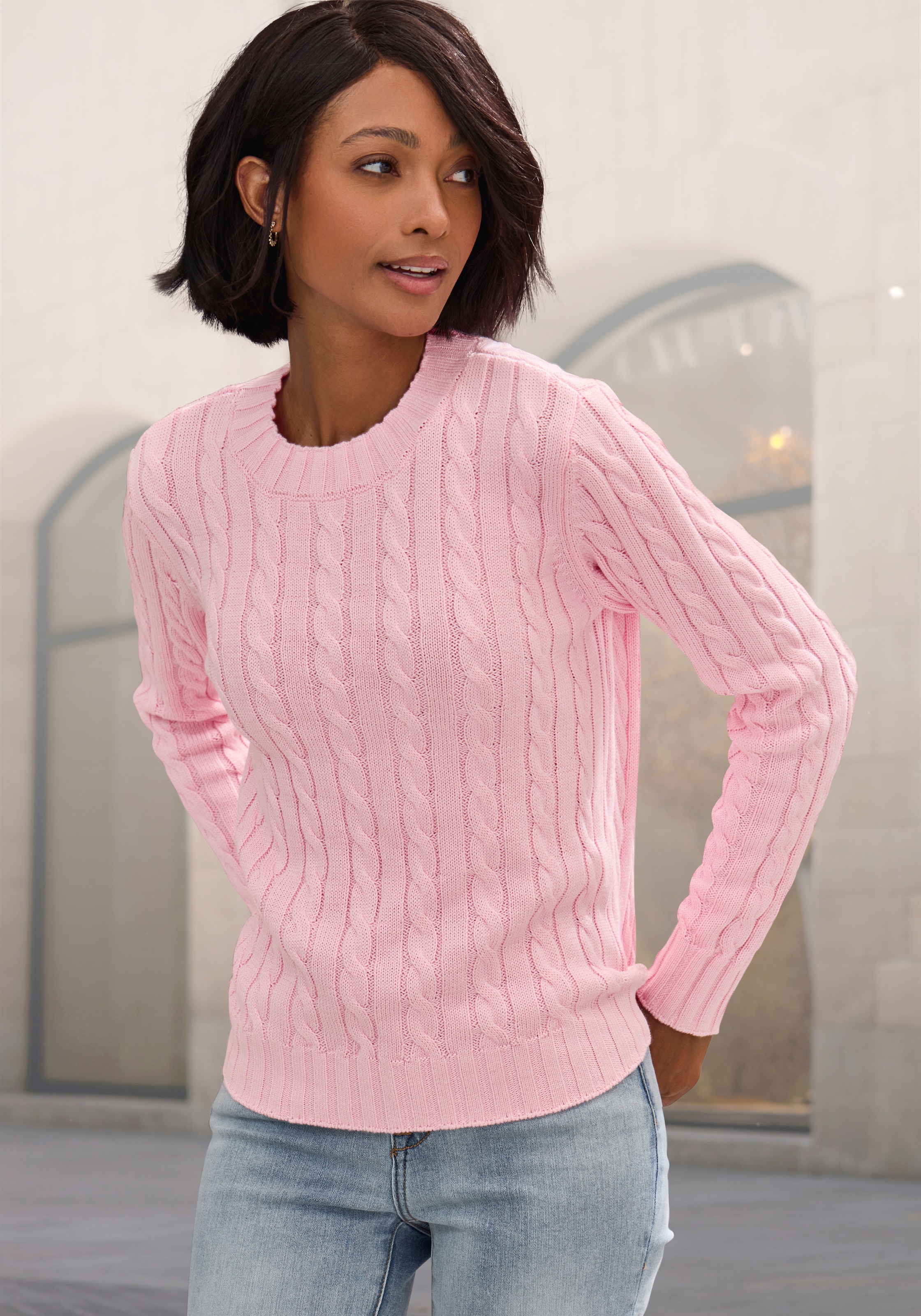 LASCANA Rundhalspullover "mit Zopfstrickmuster" gemütlicher Strickpullover, unifarbener Zopfpullover, klassische Form