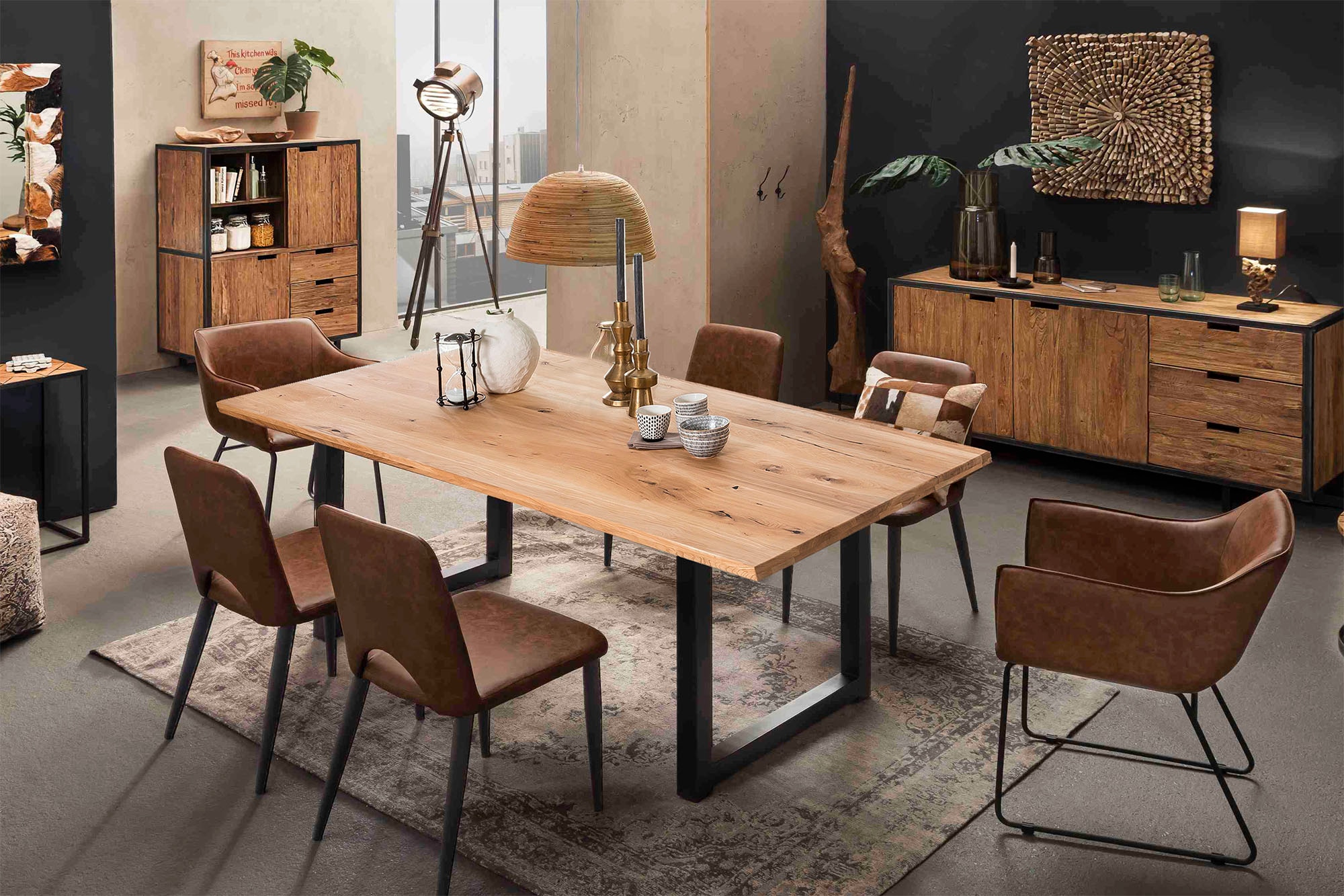 SIT Table de salle à manger »Lille Wildeiche Massivholz mit modernem Metall-Kufengestell« Chêne sauvage huilé avec lamelles continues & structure en patins
