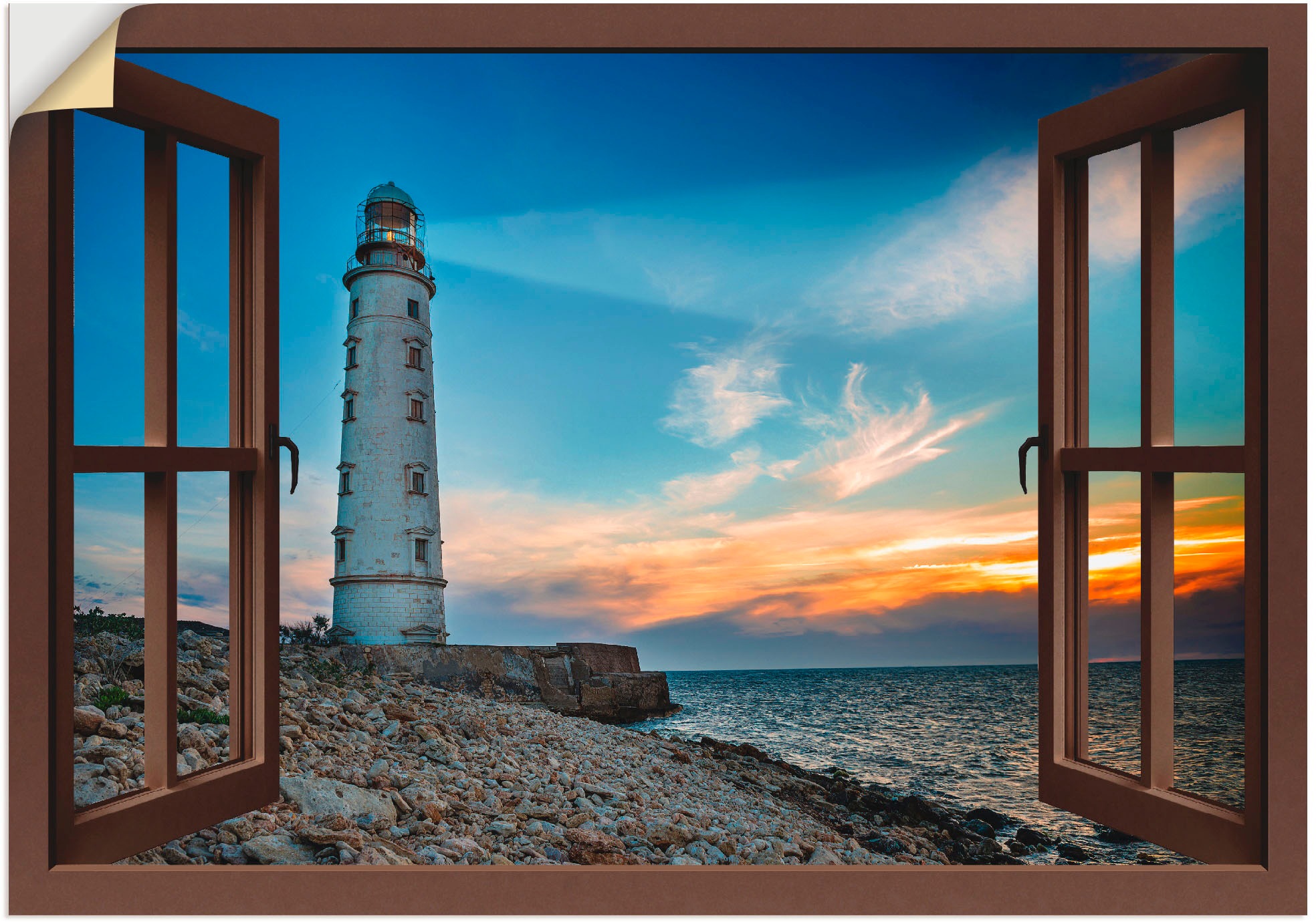 Image of Artland Wandbild »Fensterblick Leuchtturm«, Fensterblick, (1 St.), in vielen Grössen & Produktarten - Alubild / Outdoorbild für den Aussenbereich, Leinwandbild, Poster, Wandaufkleber / Wandtattoo auch für Badezimmer geeignet bei Ackermann Versand Schweiz