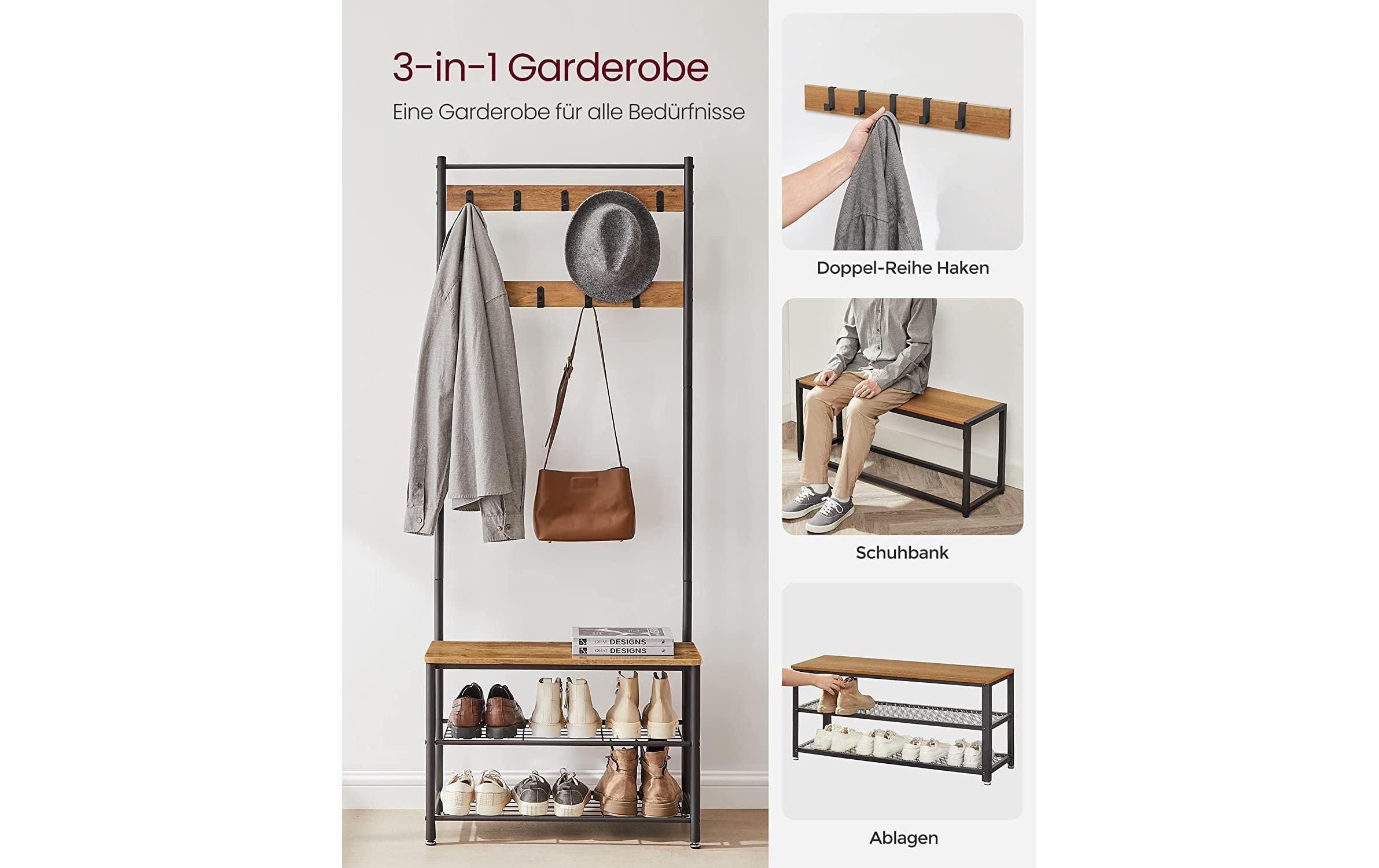 VASAGLE Schuhregal »VASAGLE Garderobe mit Schuhregal 32 cm x 175 cm, Braun/Schwarz«