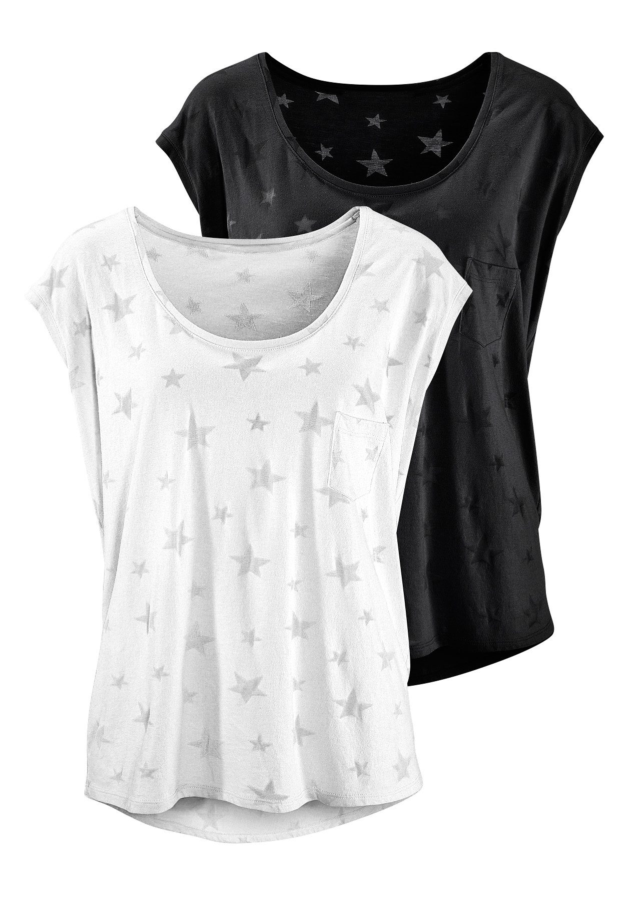 T-Shirt, (2er-Pack), Ausbrenner-Qualität mit leicht transparenten Sternen