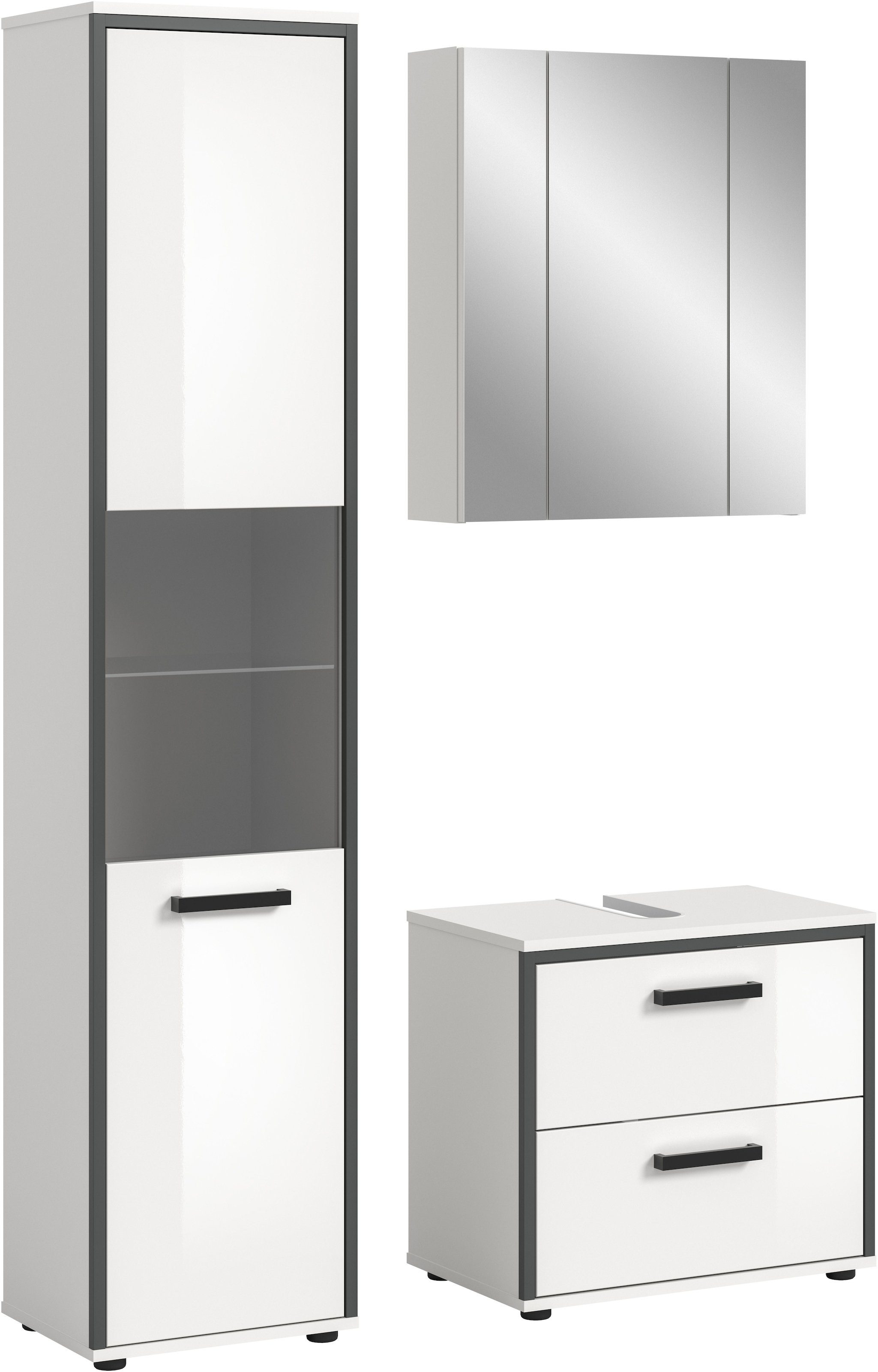Image of welltime Badmöbel-Set "KAJO, 3-tlg. Badkombination, weiss hochglanz" Set, Set, best. aus:1Hochschrank,1Spiegelschrank,1Waschbeckenunterschrank, 3 Stk. tlg.