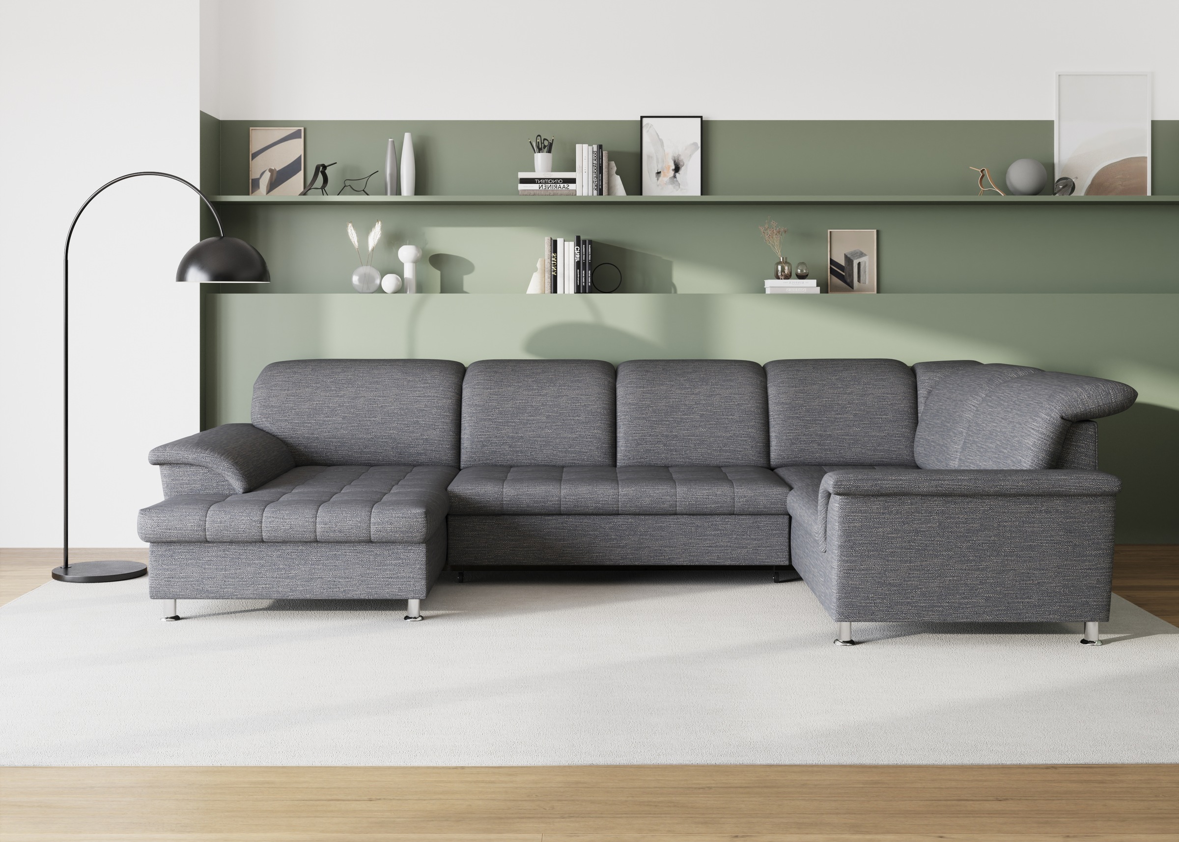 Image of DOMO collection Wohnlandschaft "FRANZI optional mit Bettfunktion, Bettkasten & Kopfteilverstellung" U-Form, Recamiere links, weiss-grau, B/T: 352/214 cm