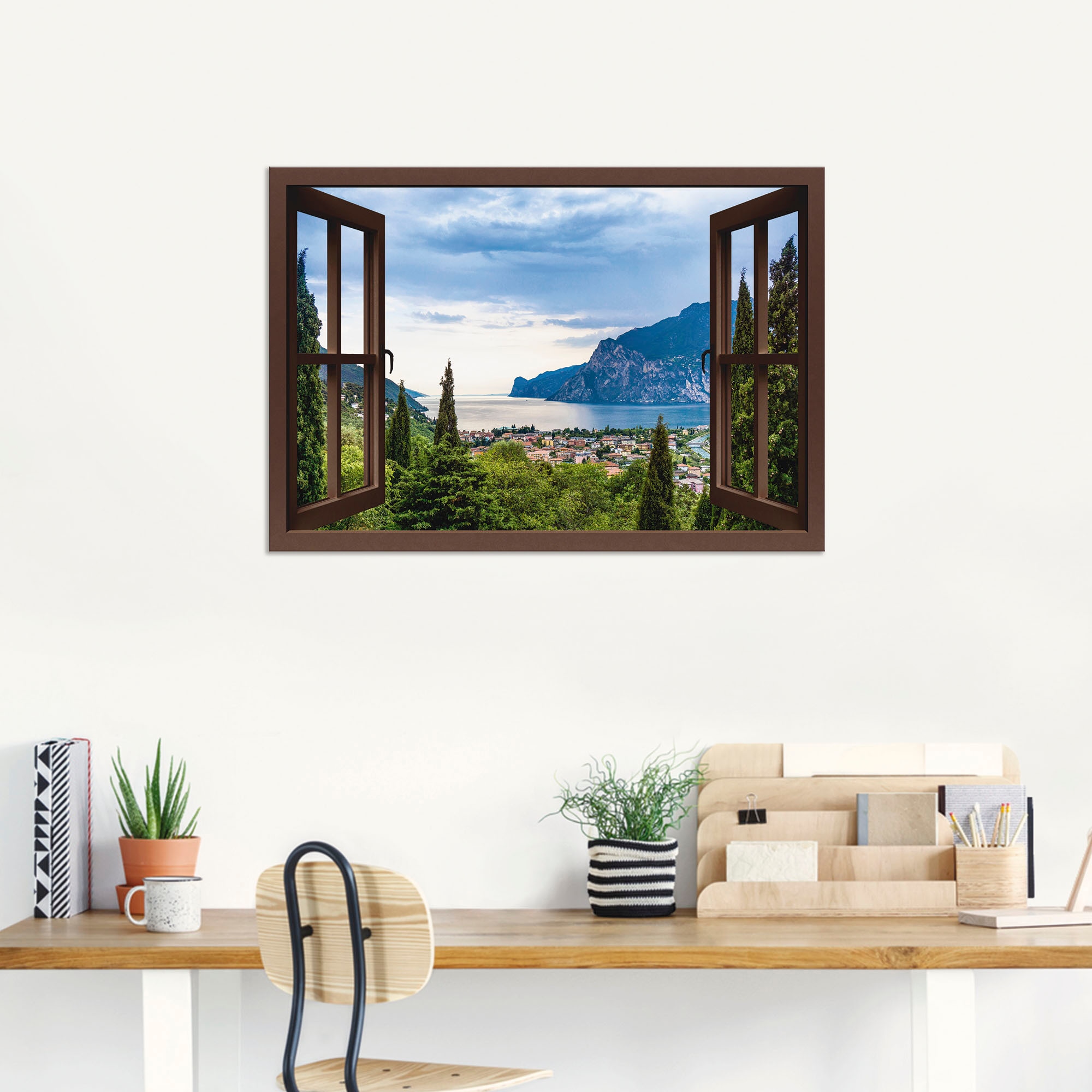 Artland Wandbild »Gardasee durchs braune Fenster«, Seebilder, (1 St.), als Alubild, Outdoorbild, Leinwandbild, Poster in verschied. Grössen