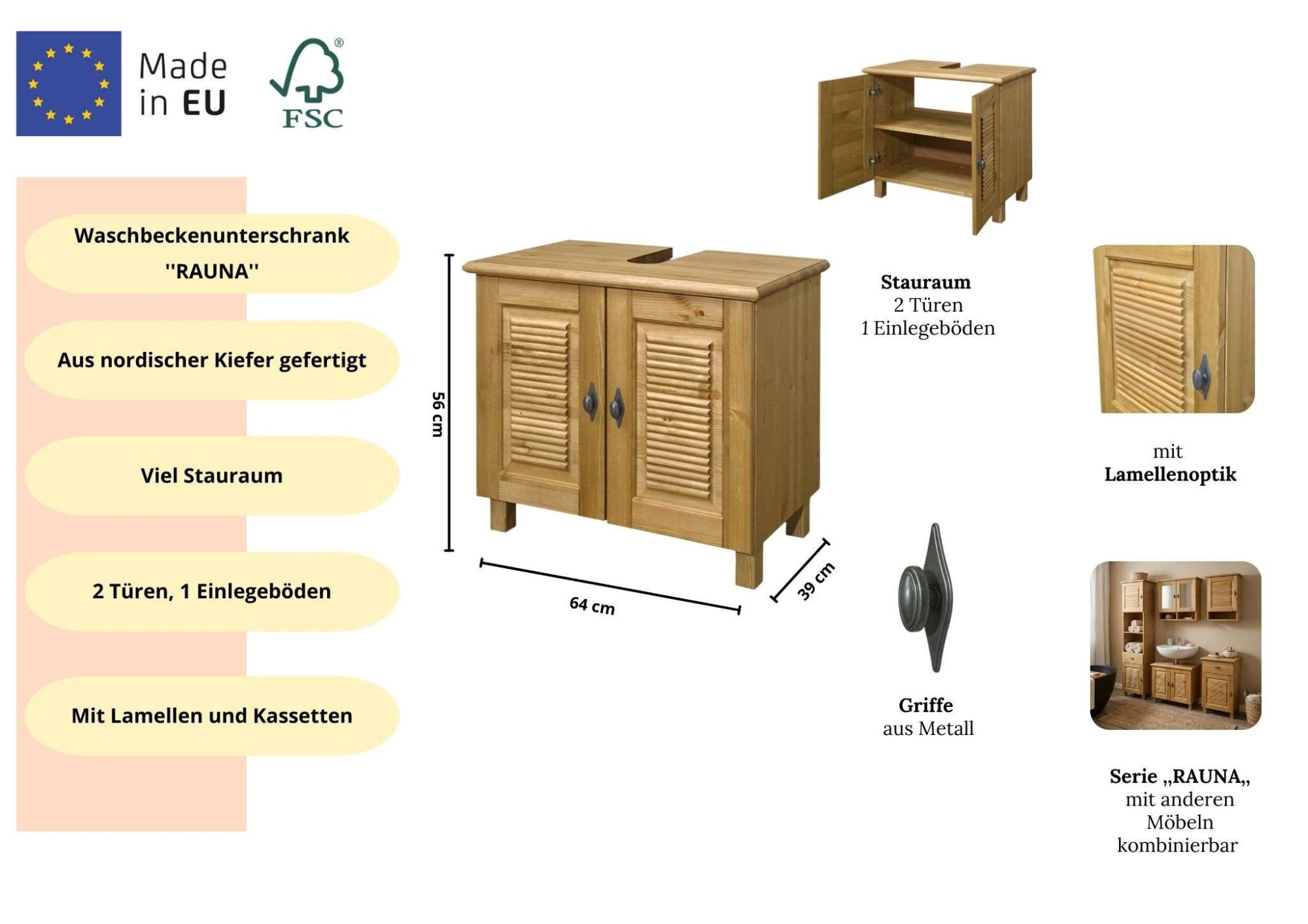 GOODproduct Waschbeckenunterschrank »Rauna« aus massiver Kiefer, Breite 64 cm, Rillenoptik, made in EU