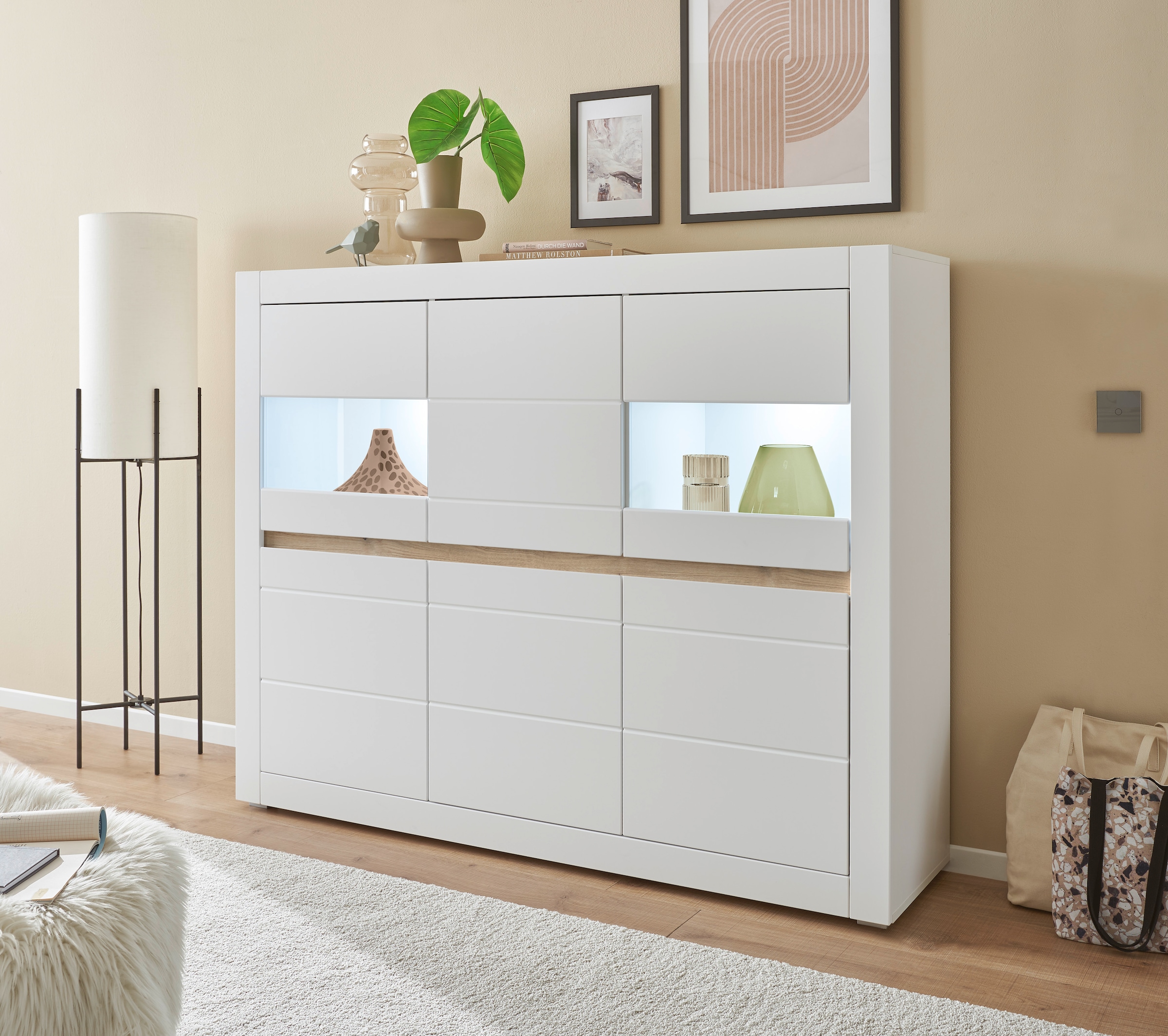 Image of Home affaire Highboard "Chester, moderne Kommode, Schrank mit Stauraum, Sideboard in Weiss Matt" 1 Stk. tlg. austauschbare Blende in Griffleiste, zeitloses Design, 165 cm breit