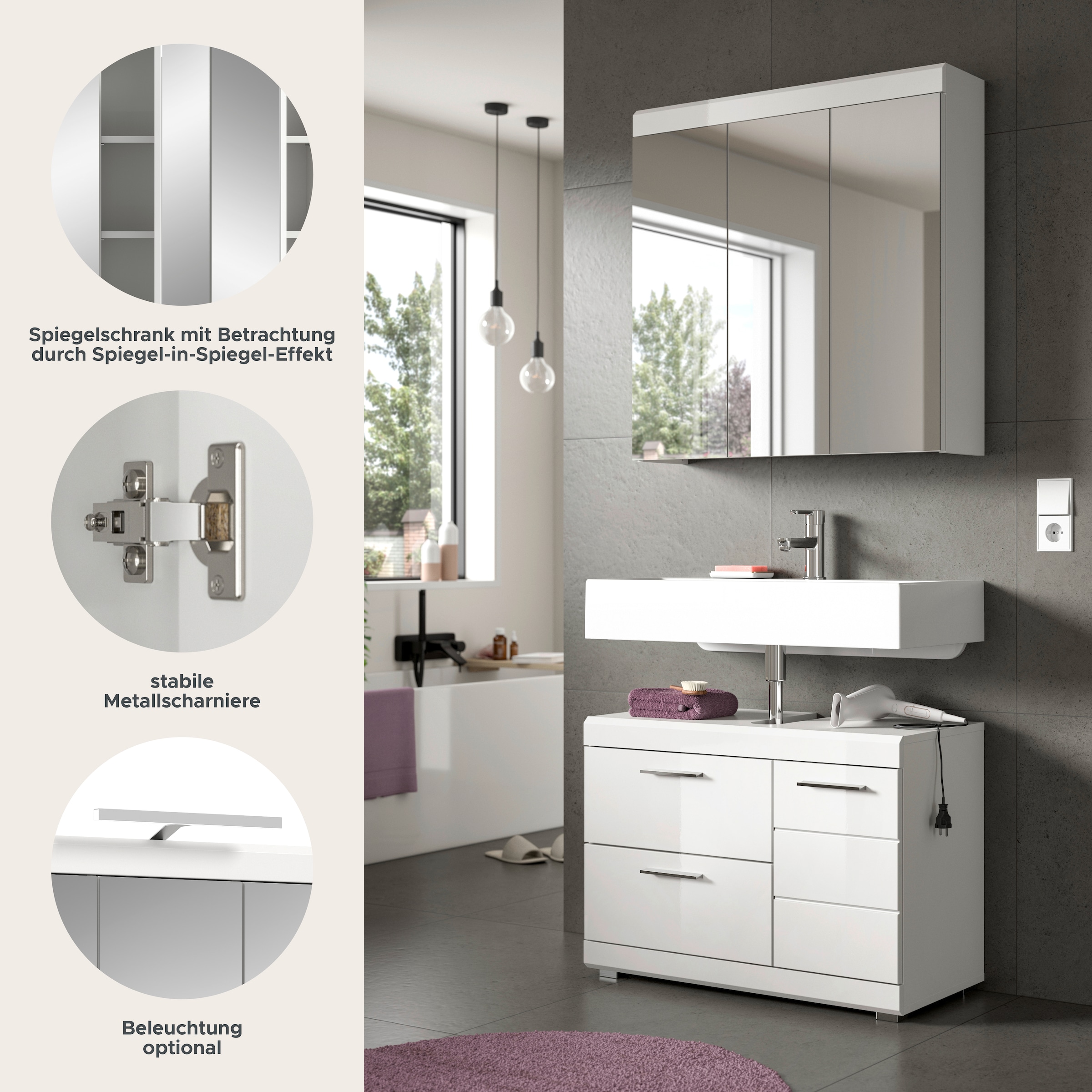 welltime Ensemble de meubles de salle de bain »SIENA, 2-teilig, Waschbeckenunterschrank & Spiegelschrank, MDF-Front«