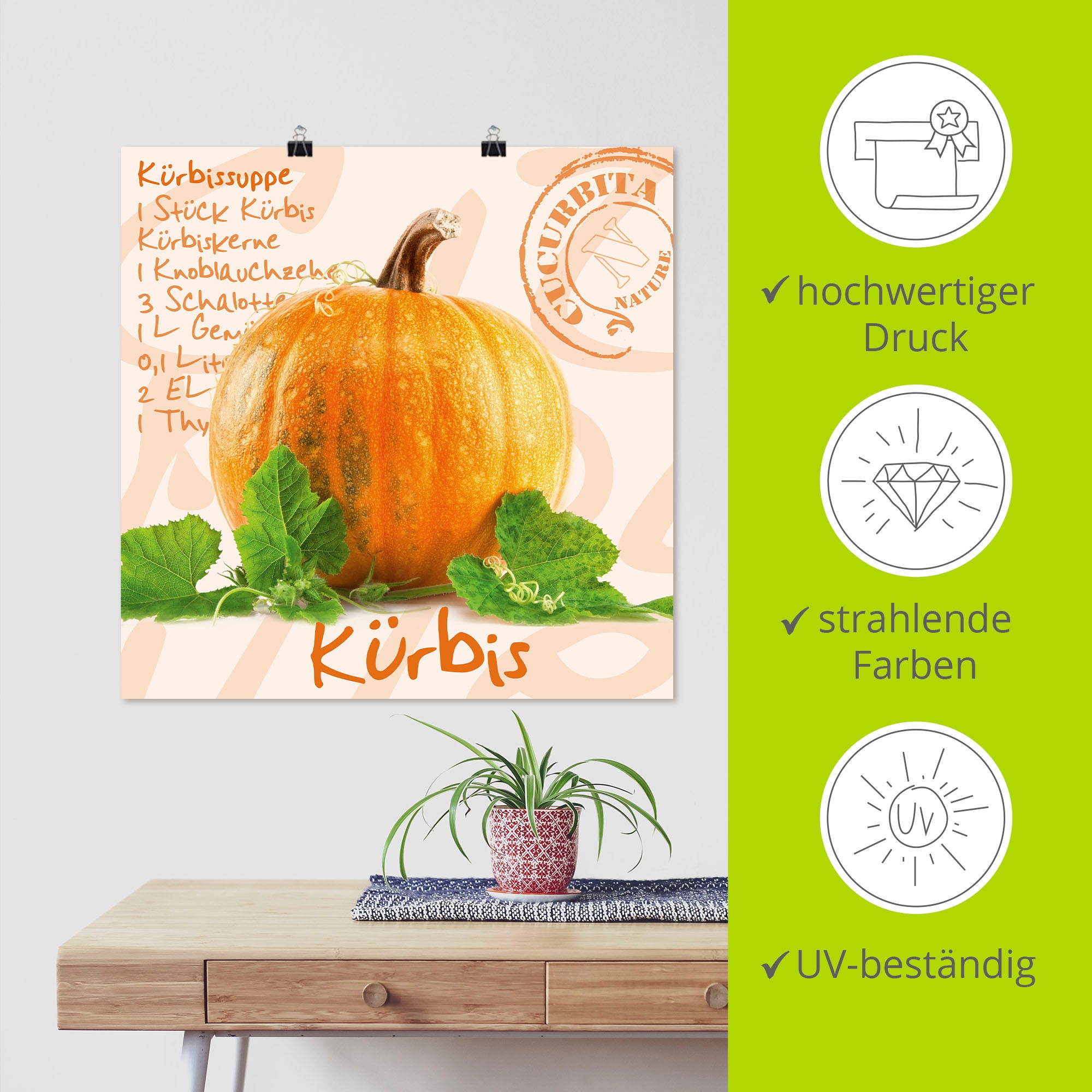Artland Wandbild »Gelber Kürbis mit grünen Blättern«, Lebensmittel, (1 St.), als Poster, Wandaufkleber in verschied. Grössen