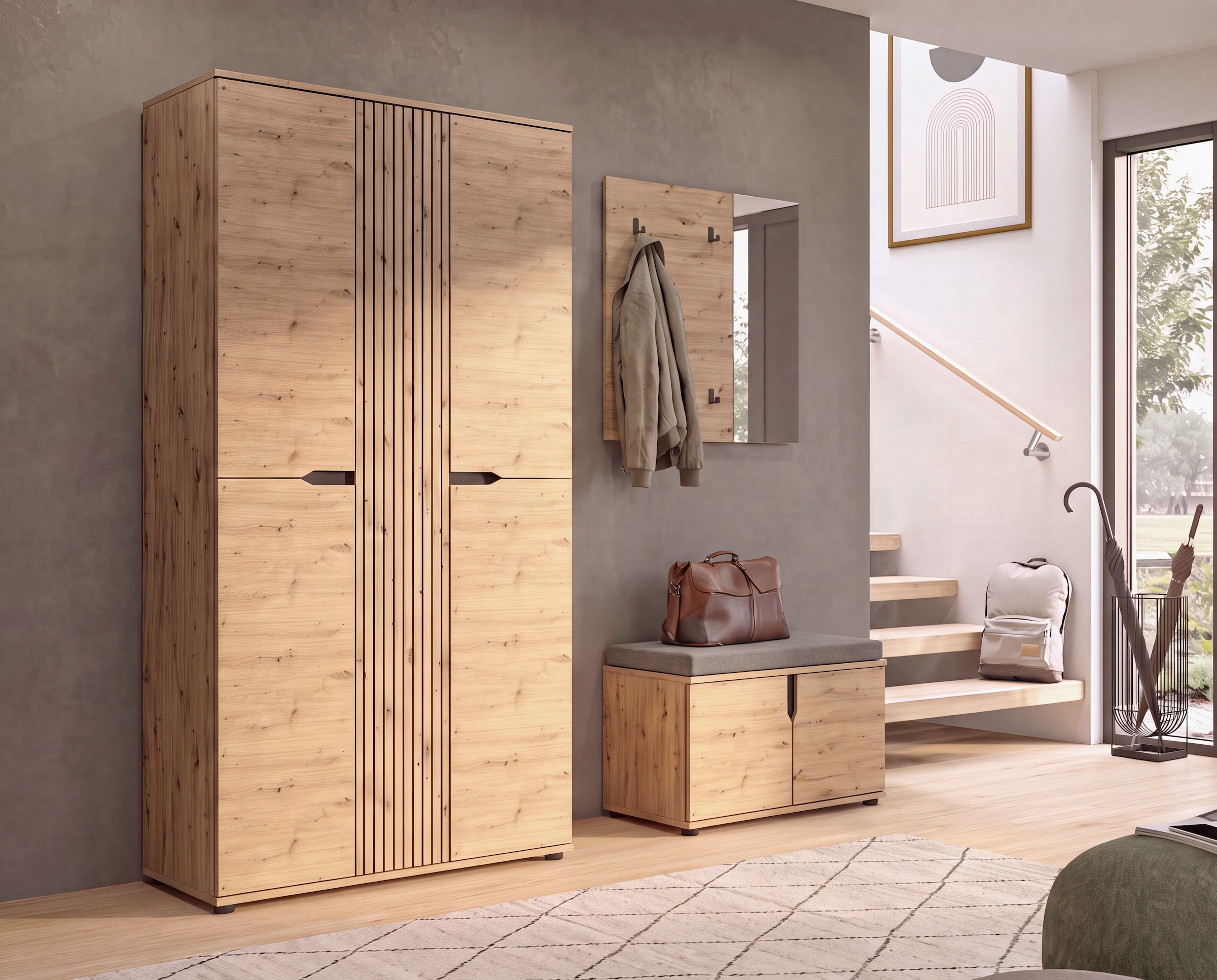 GOODproduct Armoire vestiaire »FJELL, Breite 104cm, 3 Türen, 8 Böden, 10 Fächer, 1 Kleiderstange« armoire, placard, armoire d'entrée, armoire de couloir, armoire polyvalente
