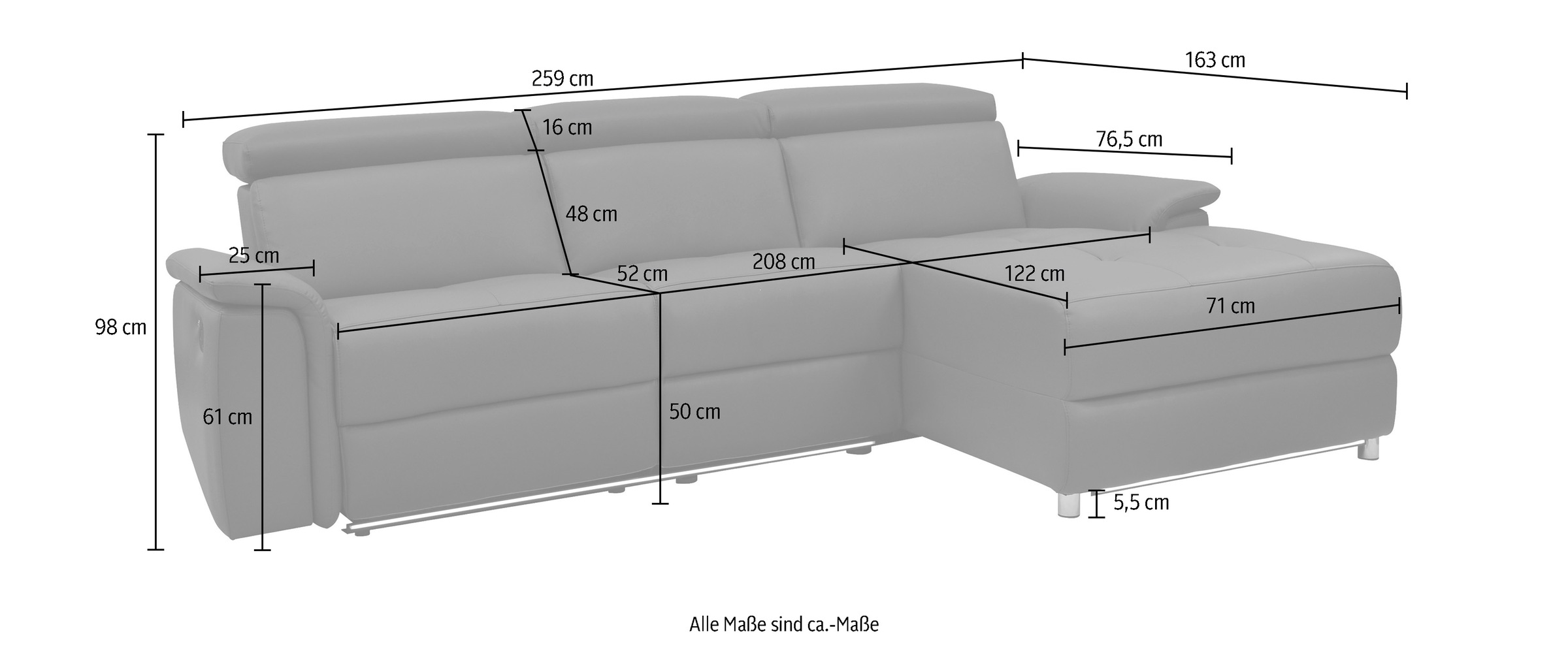GOODproduct Ecksofa »Pareli, L-Form, 259cm,m. Recamiere, Echtleder, Kunstleder, Webstoff« man. o. elektr. Relaxfunktion, USB/Kopfteilverstellg u. LED