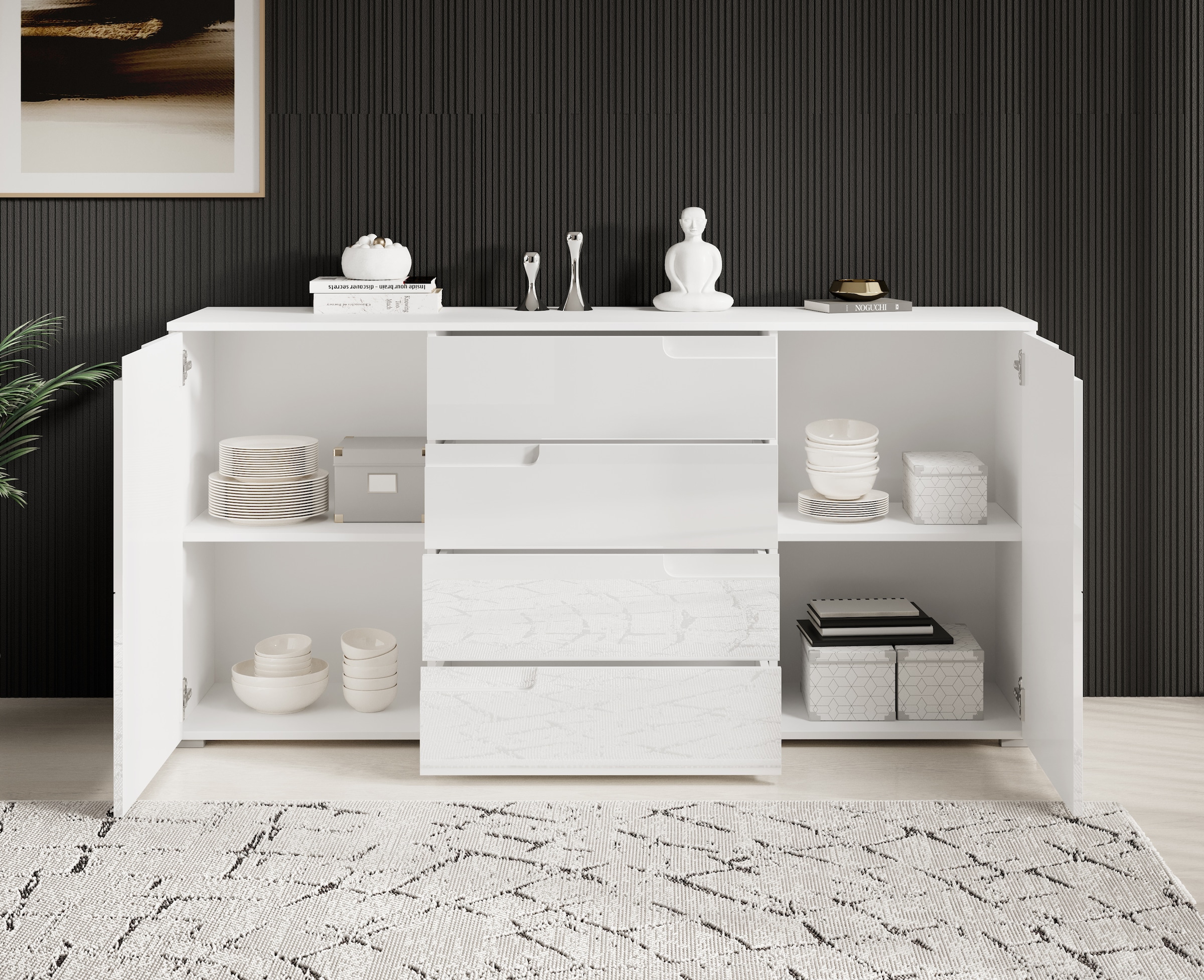HBZ Sideboard »Spice weiss Hochglanz, Wohnzimmerschrank BxHxT 165x80x40 cm«, (1 St.), Mit 2 Türen, 4 Schubkästen, 2 Einlegeböden verstellbar
