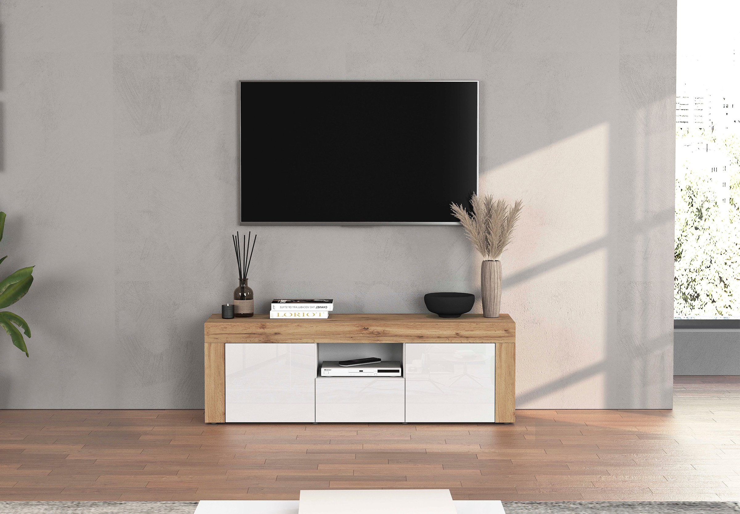 GOODproduct Lowboard »CHRONOS Breite 155 cm mit 2 Türen, 1 Schublade,1 offenes Fach« 1 Stk. tlg. TV-Board, Sideboard niedrig, Grifflos mit Push to Open 'Made in Italy'