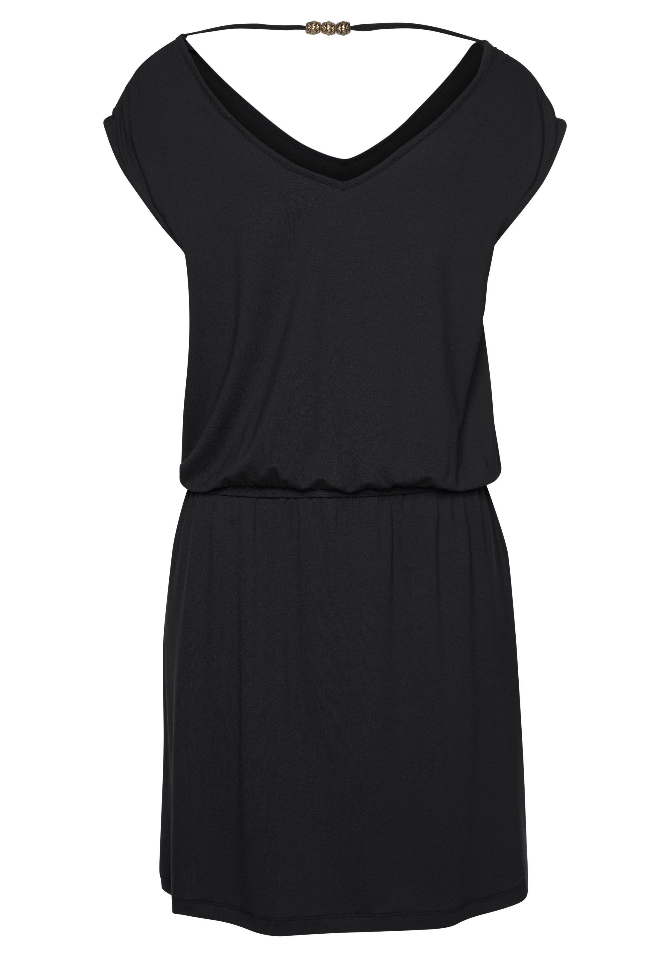 LASCANA Jerseykleid Ohne Taschen mit Zierband am Rücken, kurzes Sommerkleid, Strandkleid, Basic