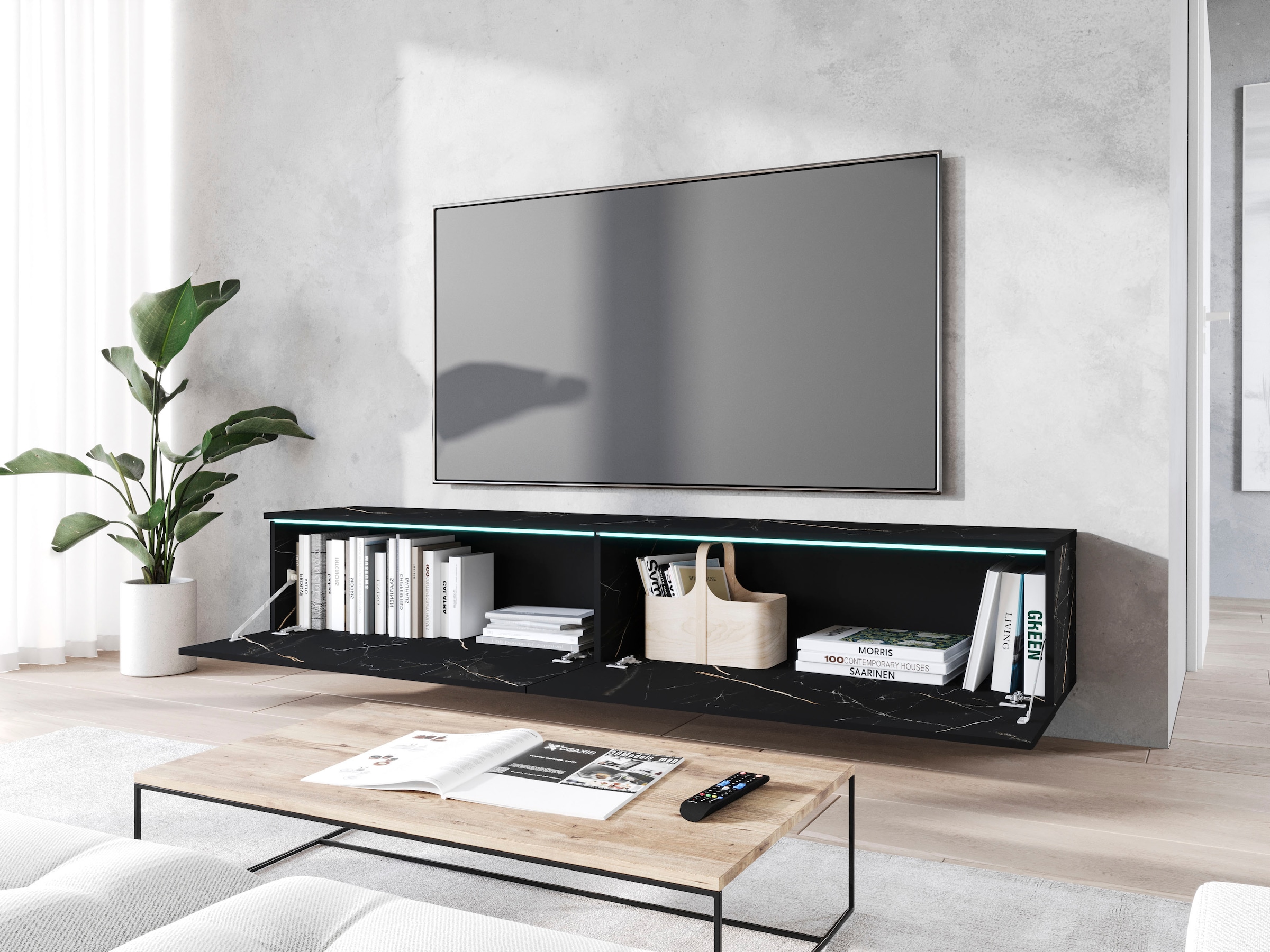 Home affaire Table basse »LOWBOARD VERA, wahlweise mit oder ohne Beleuchtung« Modernes griffloses TV-Board, 180 cm TV-Schrank, stehend und hängend
