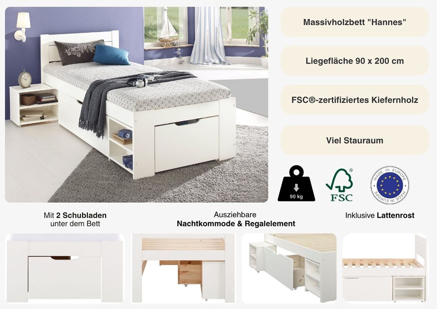 GOODproduct Massivholzbett »"HANNES " mit Schubladen und Regalen, Nachtschrank ausziehbar, stabil« FSC®-zertifiziertes Kiefernholz, ideal für kleine Räume