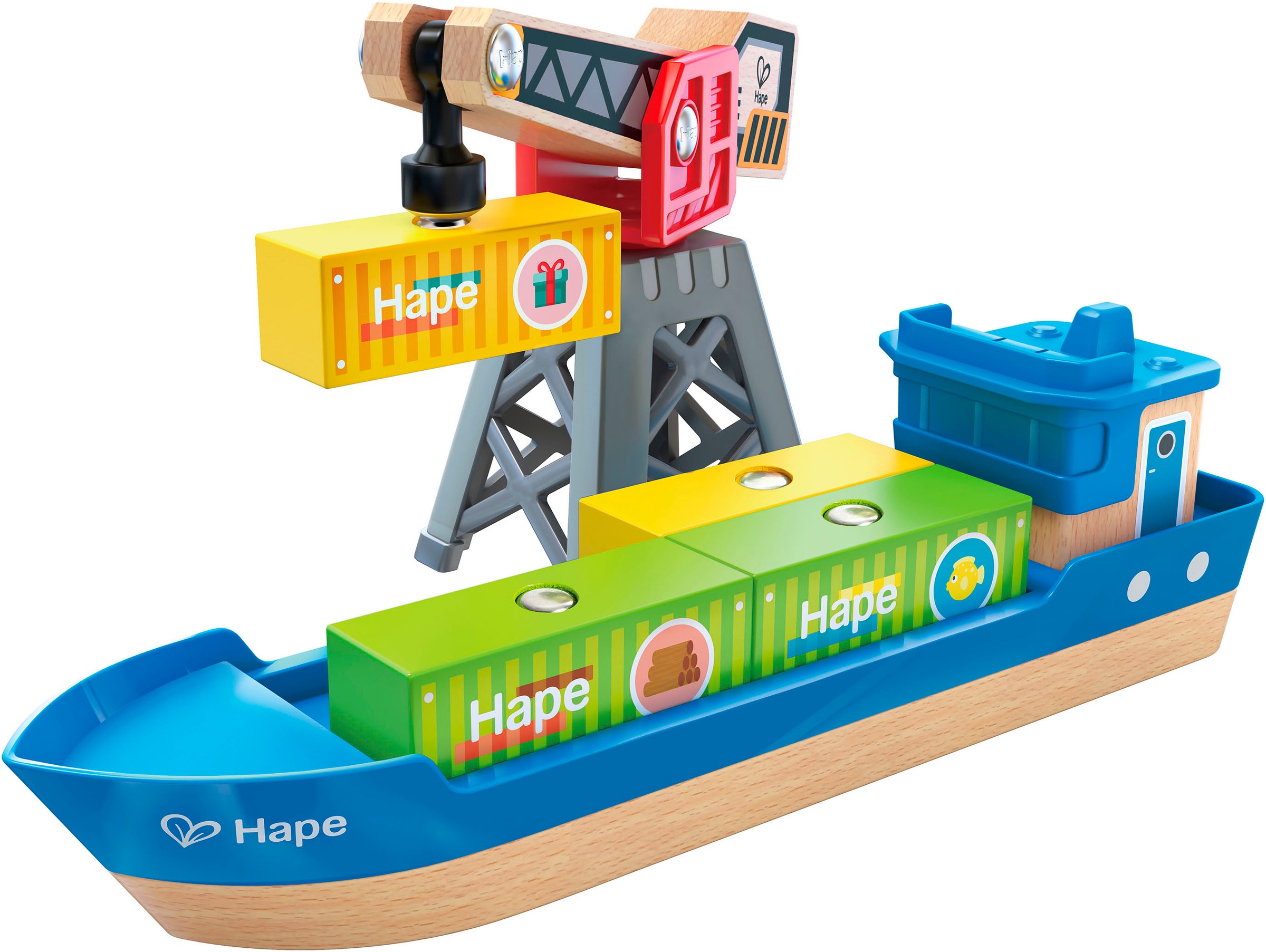 Image of Hape Spielzeug-Schiff "Frachtschiff und Hafenkran"