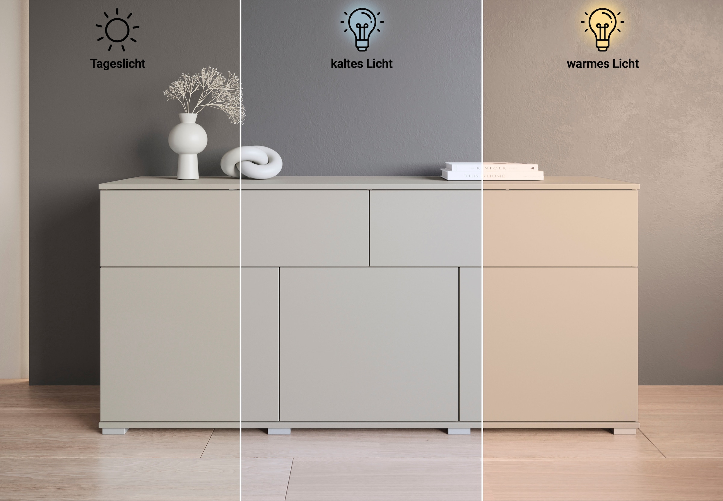GOODproduct Sideboard »Kenia, Kommode mit 3 Türen und 2 Schubladen, 150 cm breit« 1 Stk. tlg. Griffloses Design mit Push-to-Open und verstellbaren Einlegeböden