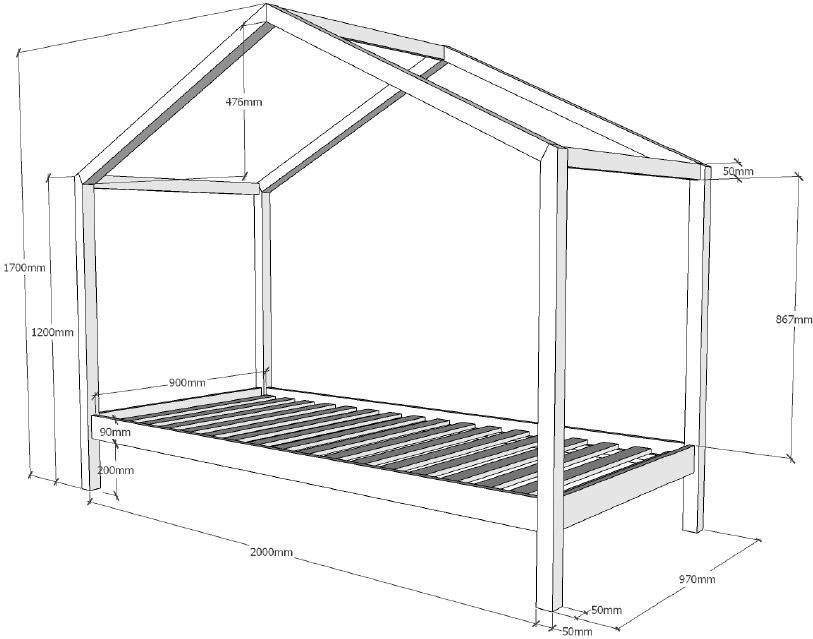 Vipack Lit de maison »Dallas« Fabriqué en Europe,  au choix avec tiroir de lit ou ciel de lit en tissu, version naturel ou blanc