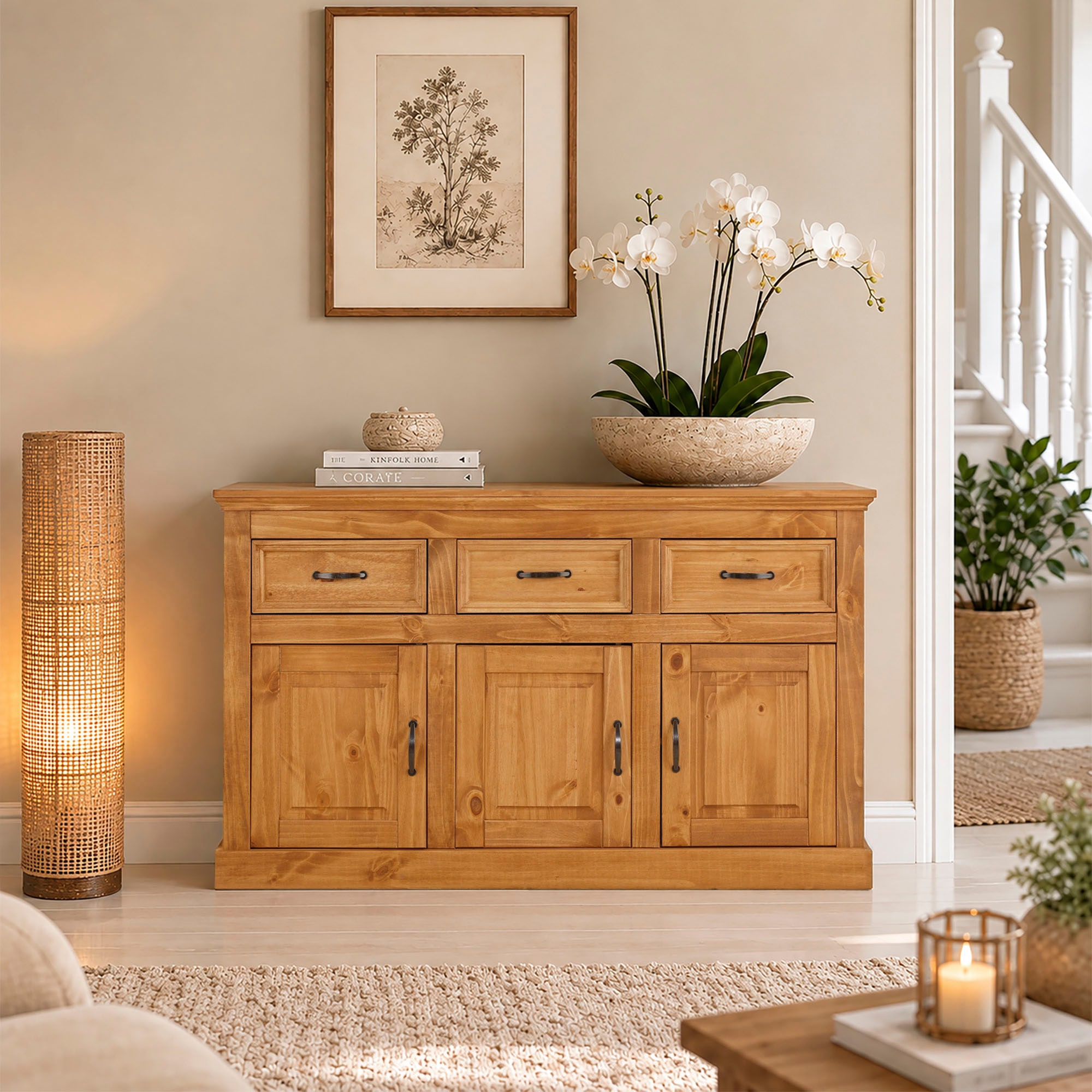GOODproduct Buffet »Selma Kommode mit 3 Türen, 3 Schubläden und 6 Fächer, Metallgriffe« en bois massif de pin, 3 planchers insérés, avec rainures décoratives