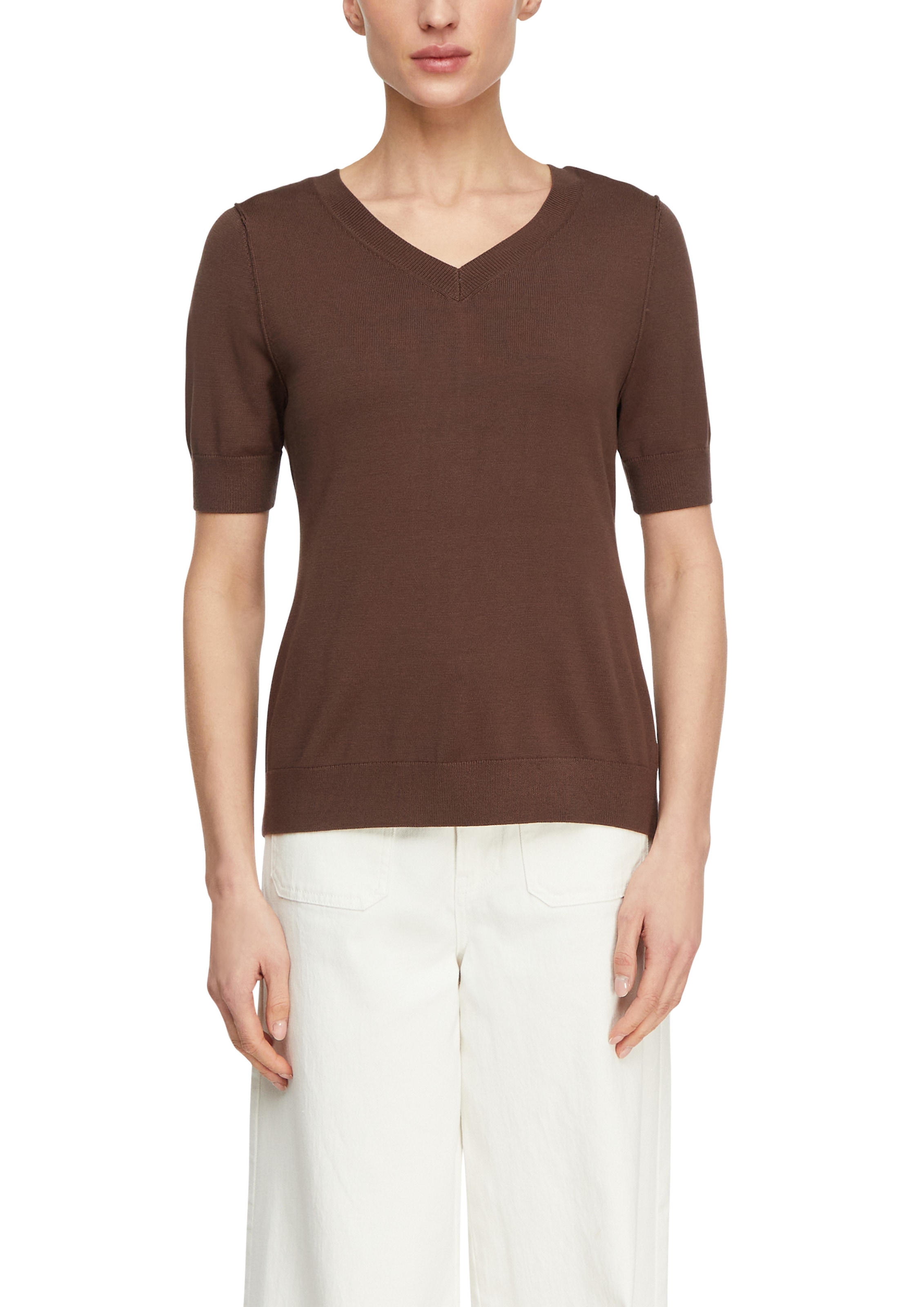 Image of Comma Strickpullover Halbarm-Pullover mit V-Ausschnitt und Bindung im Nacken