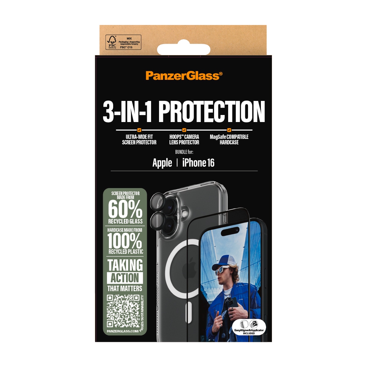 PanzerGlass Displayschutzglas »3-in-1 Protection«, für Apple iPhone 16, (Set, 3 St., bestehend aus Ultra-Wide Fit Glass, Hoops, Case), Displayschutzfolie, Set, Kameraglas, Cover, MagSafe, kratz- & stossfest