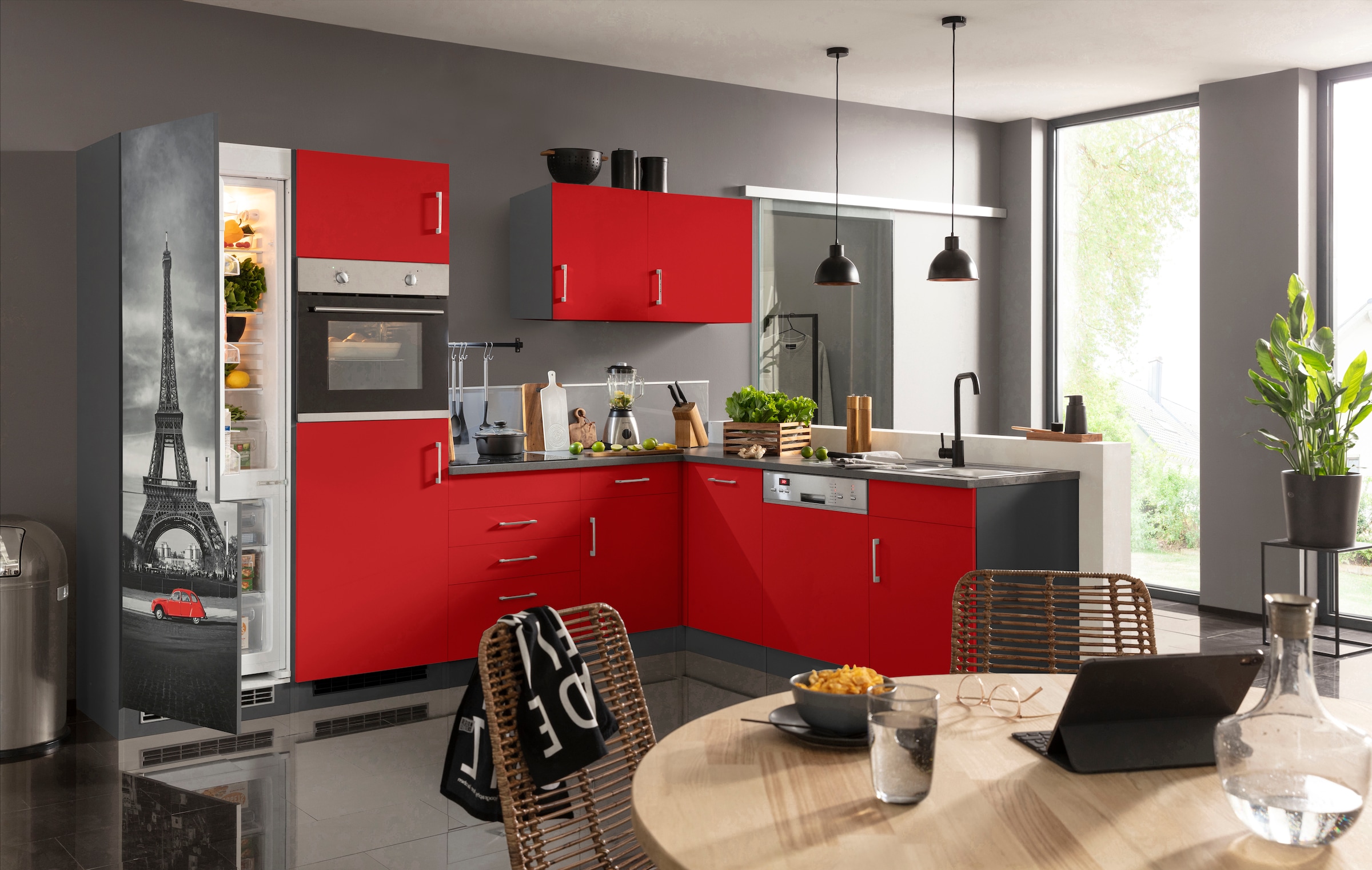 KOCHSTATION Kitchenette »KS-Paris â€“ Küchen mit einzigartigen Fotomotiven auf den Fronten« largeur réglable 290/220 cm, au choix avec appareils électriques et induction