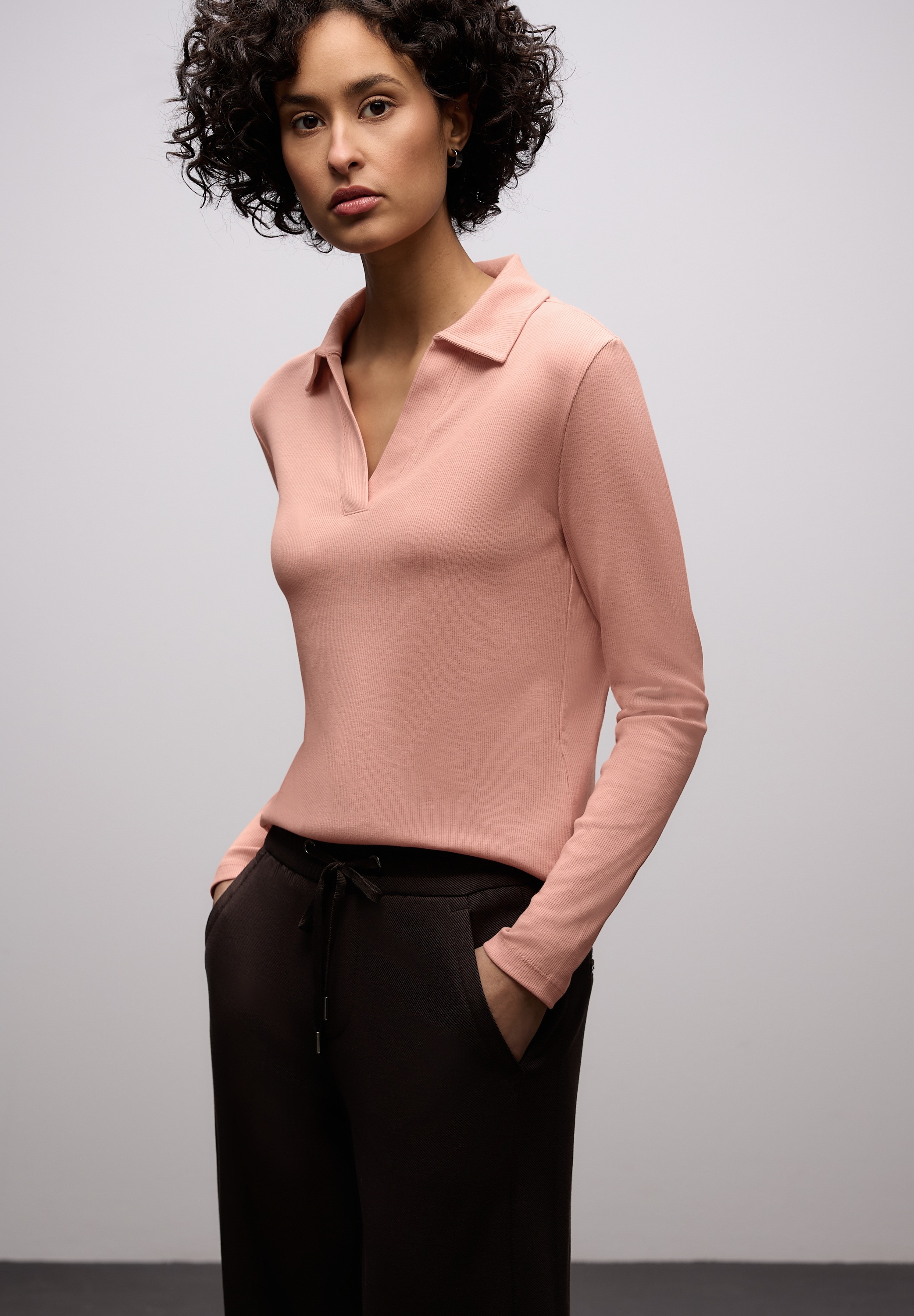 Image of STREET ONE Langarm-Poloshirt in Melange-Optik und mit Ripp-Struktur