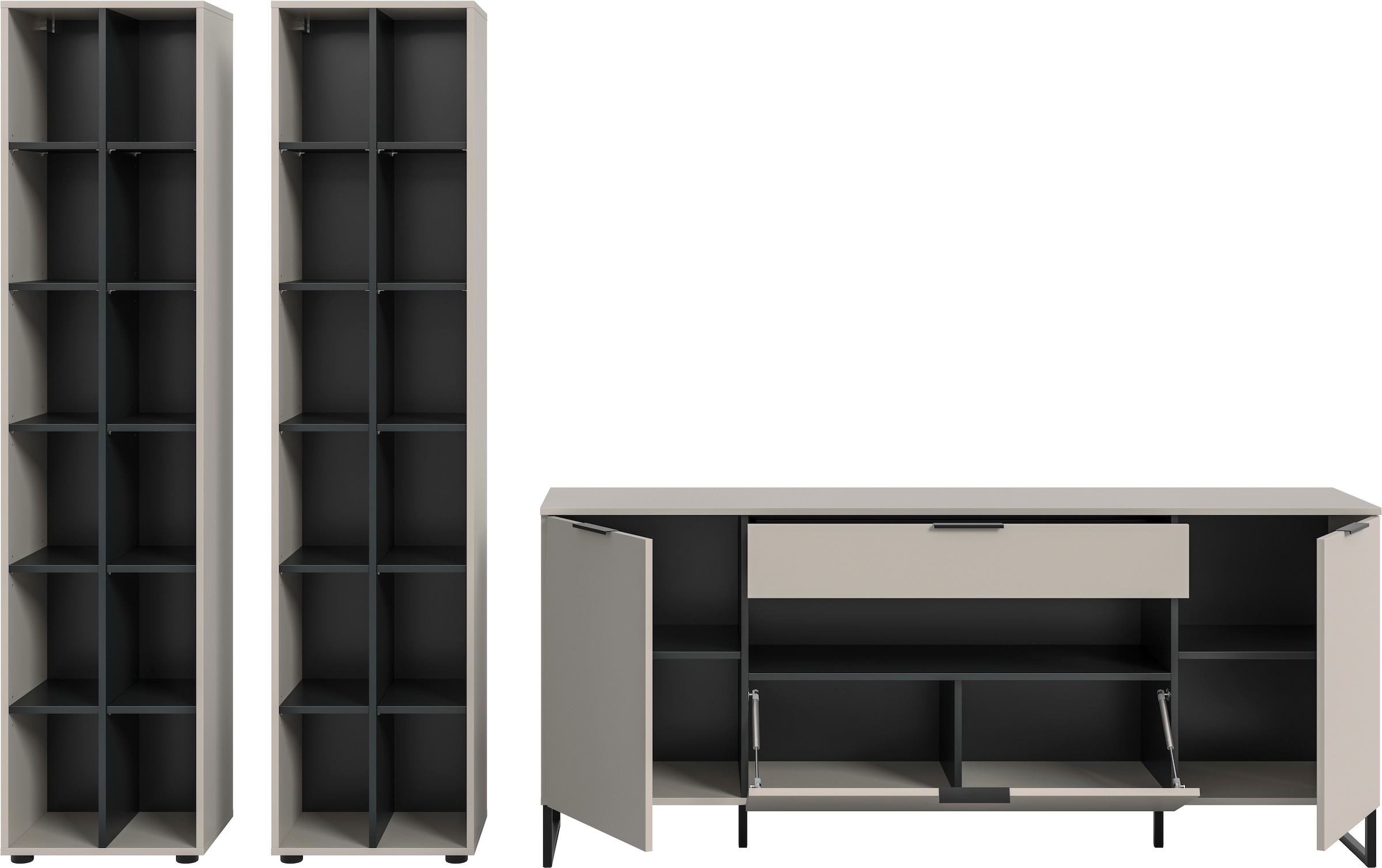 INOSIGN Wohnwand »ADIO, Breite 305 cm, 3-teiliges Set, mit Metall-Kufenfüsse« Set, bestehend aus: 2x Standregal und Sideboard, 3 Stk. tlg.