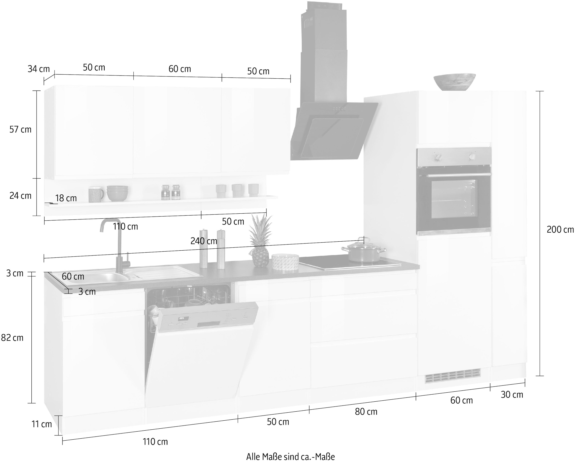 KOCHSTATION Küchenzeile »KS-Virginia,neu in verbesserter Ausführung« Arbeitsplatte 38 mm stark, Stauraum, Softclose,  Breite 330 cm, Soft-Close, ohne E-Geräte
