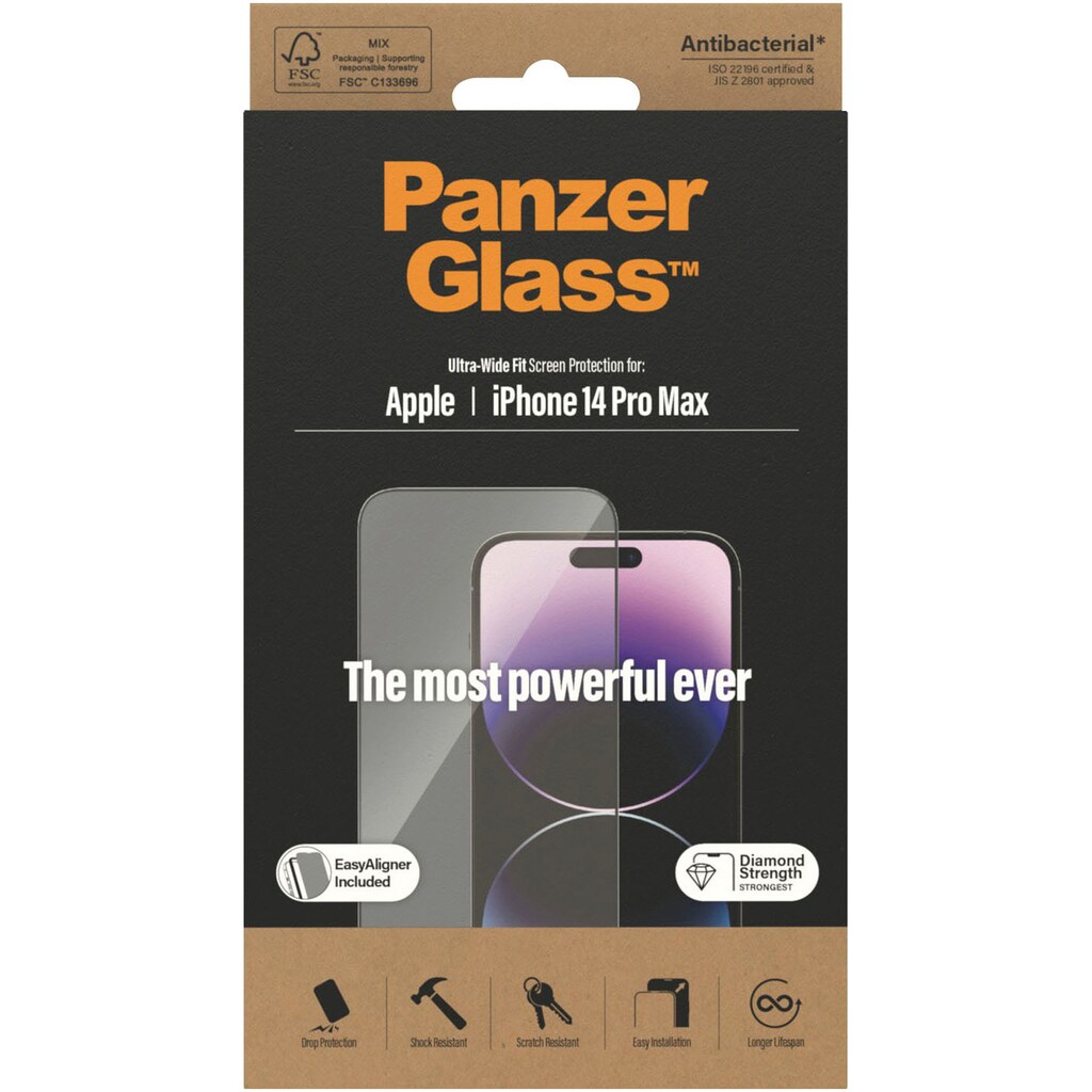 PanzerGlass Displayschutzglas »Displayschutz Apple iPhone 14 Pro Max«, (1 St., Displayschutz mit Installationshilfe EasyAligner), Kratz-& Stossfest, Antibakteriell, Berührungsempfindlich