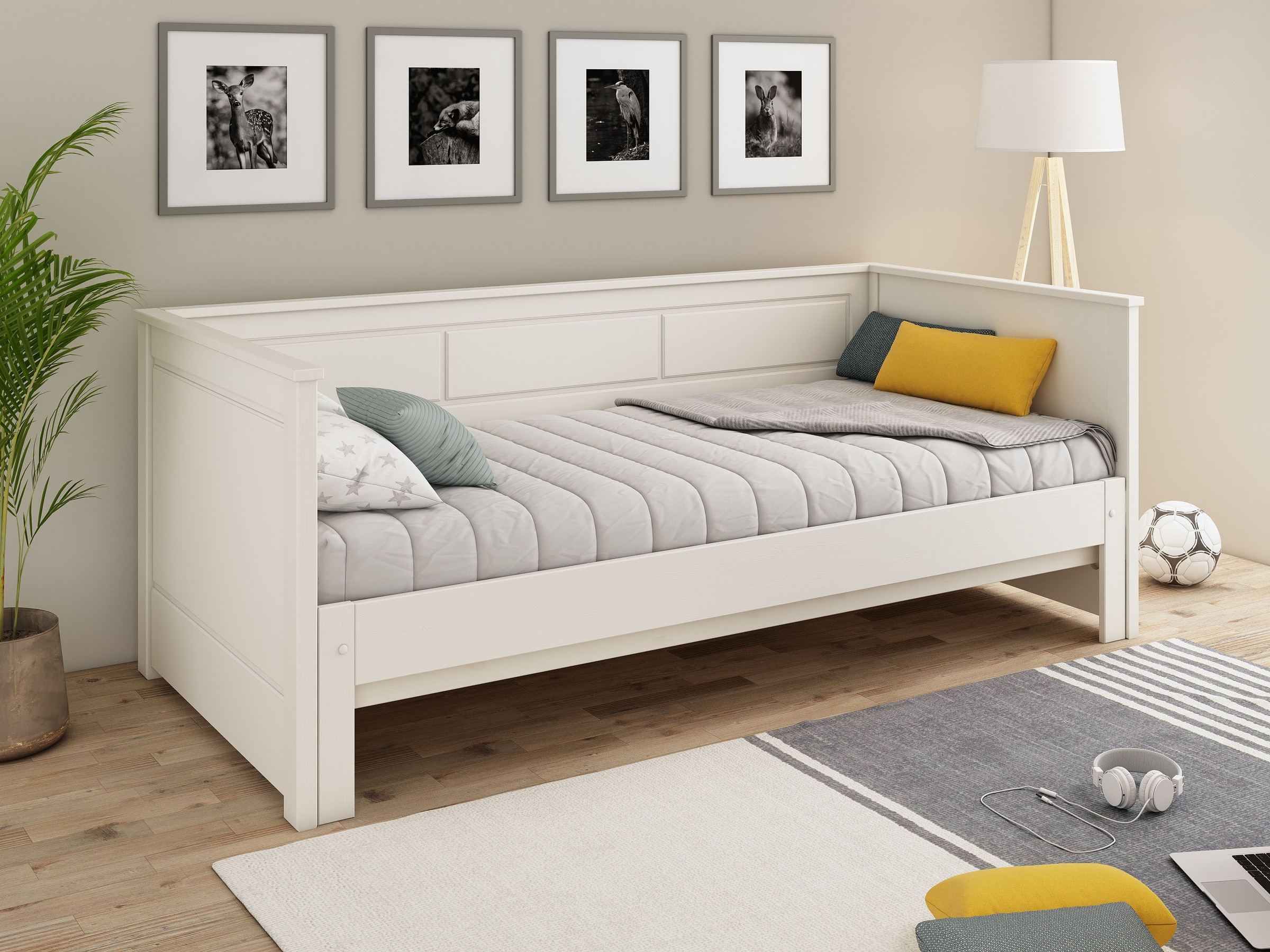 Image of GOODproduct Funktionsbett "" ERIK " Daybed, Gästebett, Kinderbett, Massivholz (Kiefer)" stilvolle Kassetten - Fräsung, 90x200cm ausziehbar auf 180x200cm), 2. Schlafplatz ausziehbar, moderner Landhausstil, Schublade optional