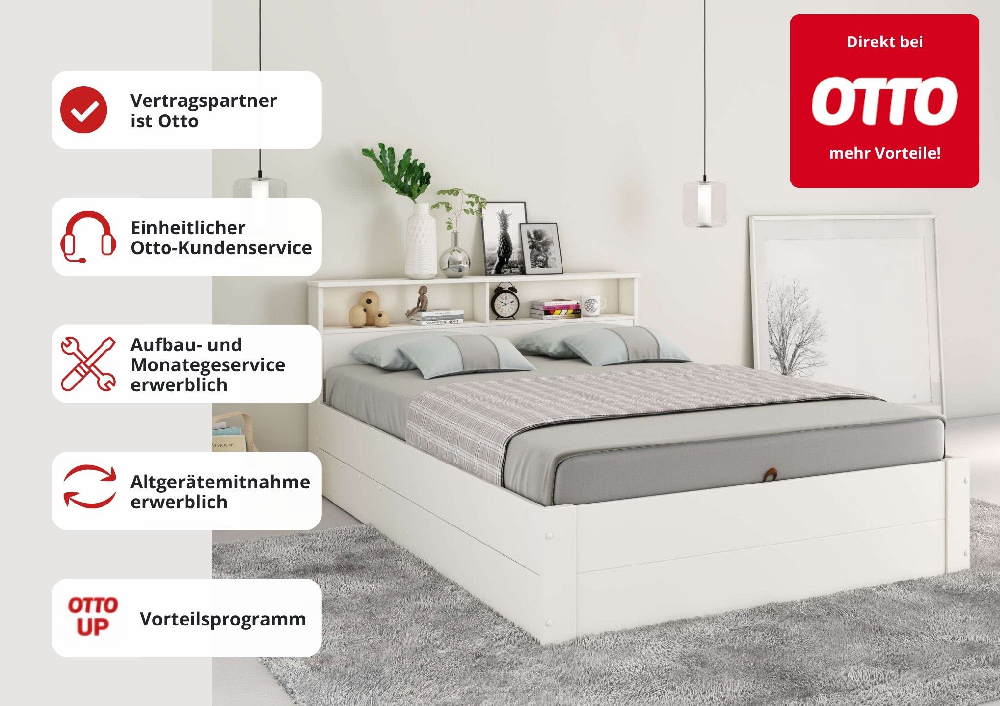 GOODproduct Lit de rangement »MAREILLES, Bett, Made in Europe, FSC® zertifiziertes Massivholz« 140x200 cm et 180x200 cm,  bois massif, mécanisme de levage, espace de rangement dans la tête de lit et sous le lit
