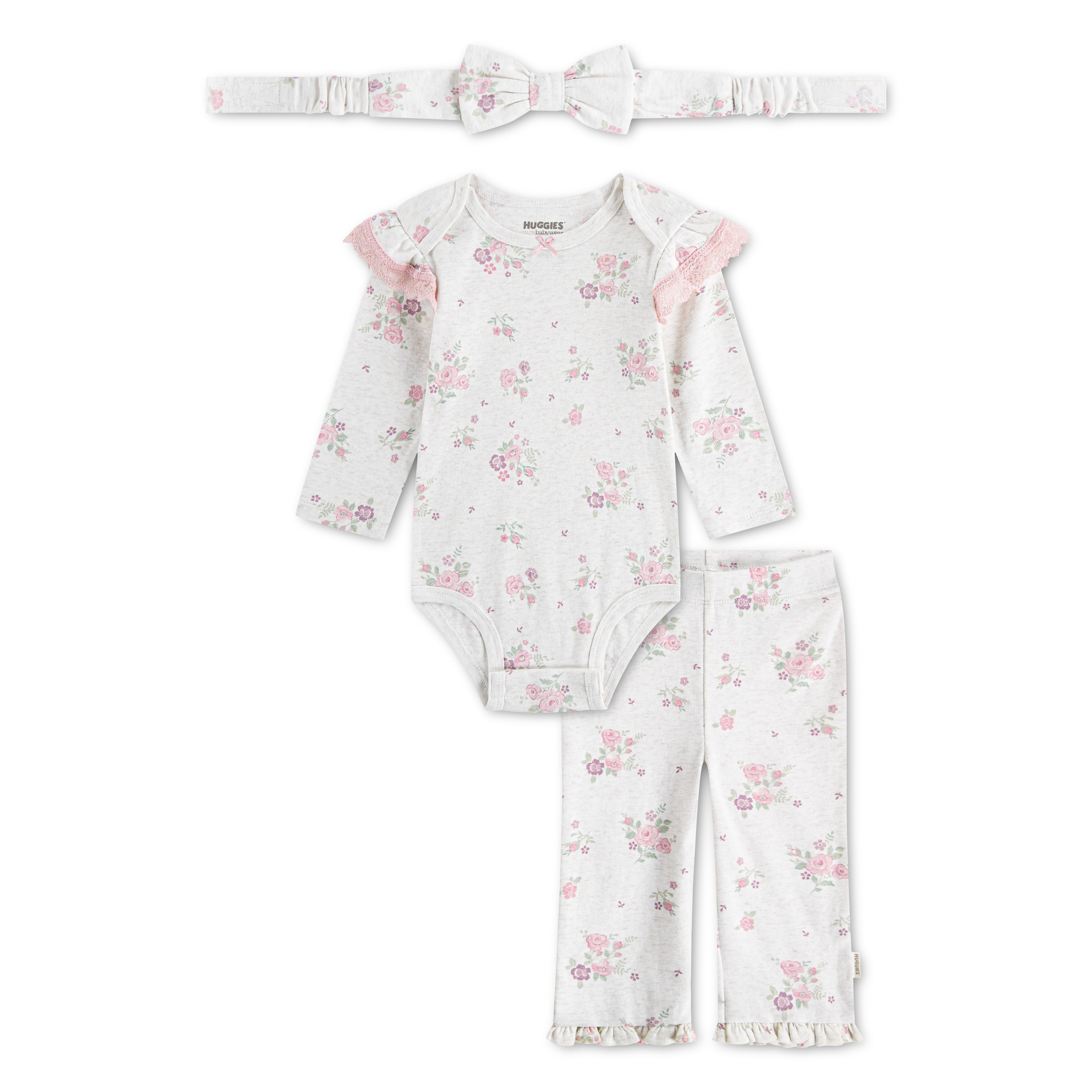Image of HUGGIES babywear Body & Hose "HUGG PANT SET + ATTACHMENT" Set, 3 mit passendem Haarband, floraler Alloverprint - for Girls