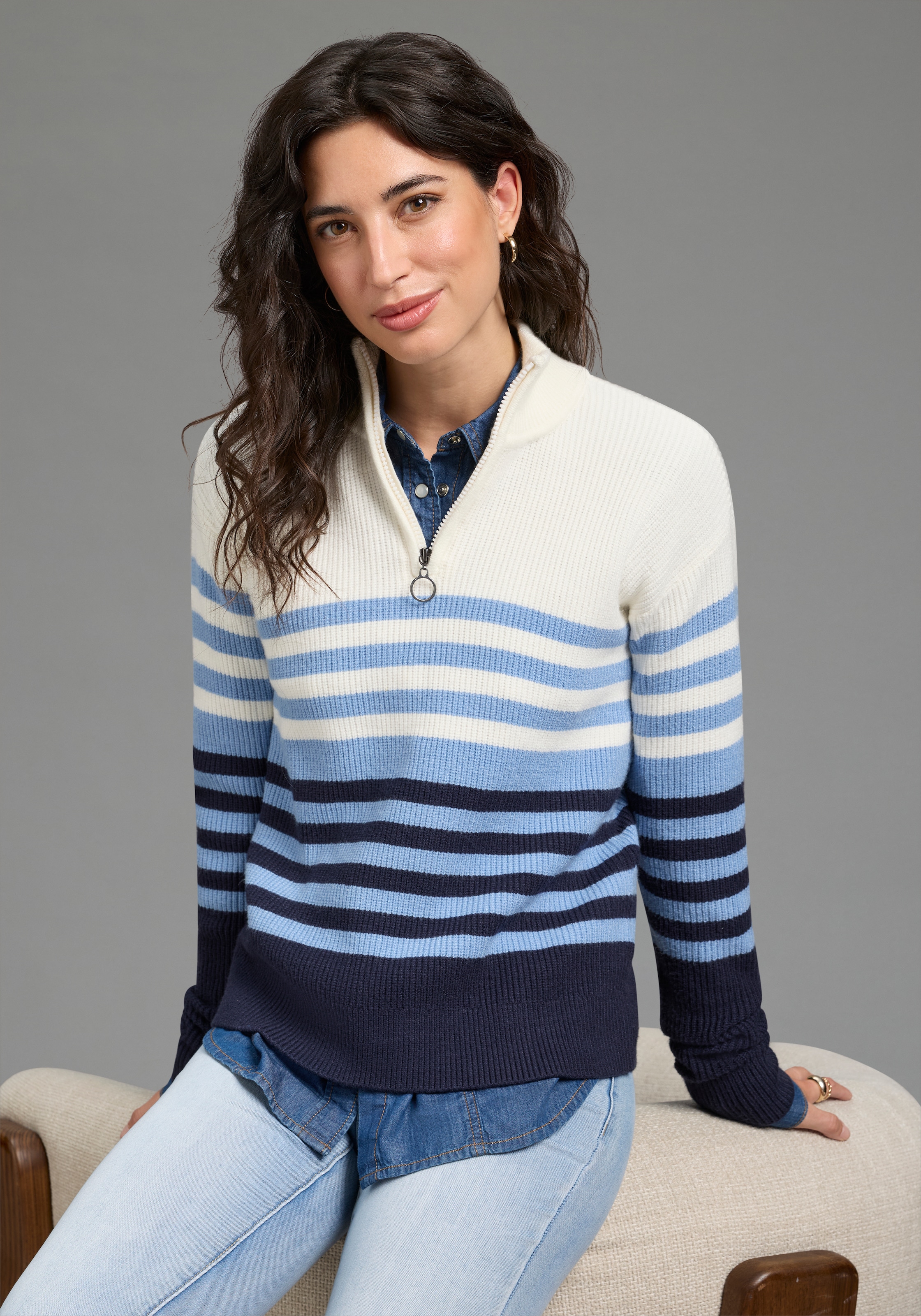 Image of Laura Scott Strickpullover "im maritimen Streifenlook mit Troyerkragen" mit hüftlanger Passform