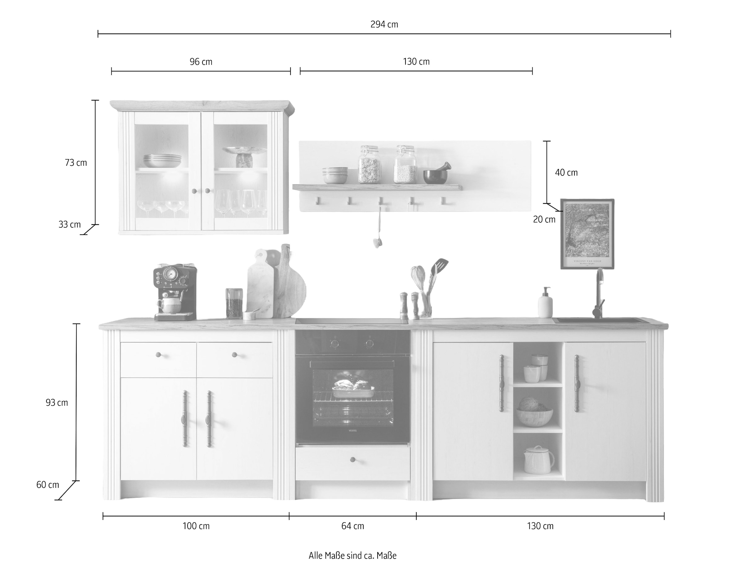 GOODproduct Küchenzeile »KS-Westminster, Pantryküche im Landhaus Stil, hochwertige Metallgriffe« Set,  Breite 294 cm, Kommoden, Wandpaneel, Hängeschrank, Herdumbau