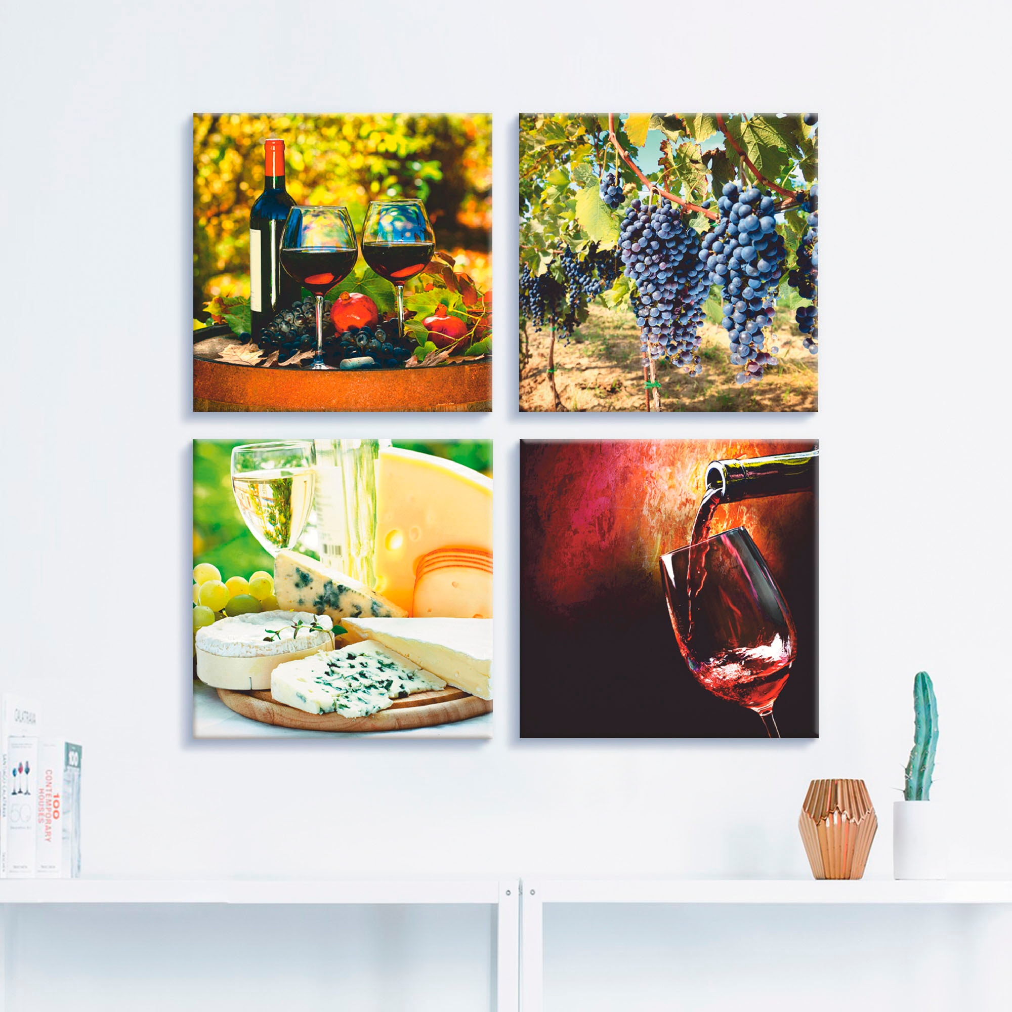 Artland Leinwandbild »Gläser Rotwein, Trauben, Käse«, Getränke, (4 St.), 4er Set, verschiedene Grössen