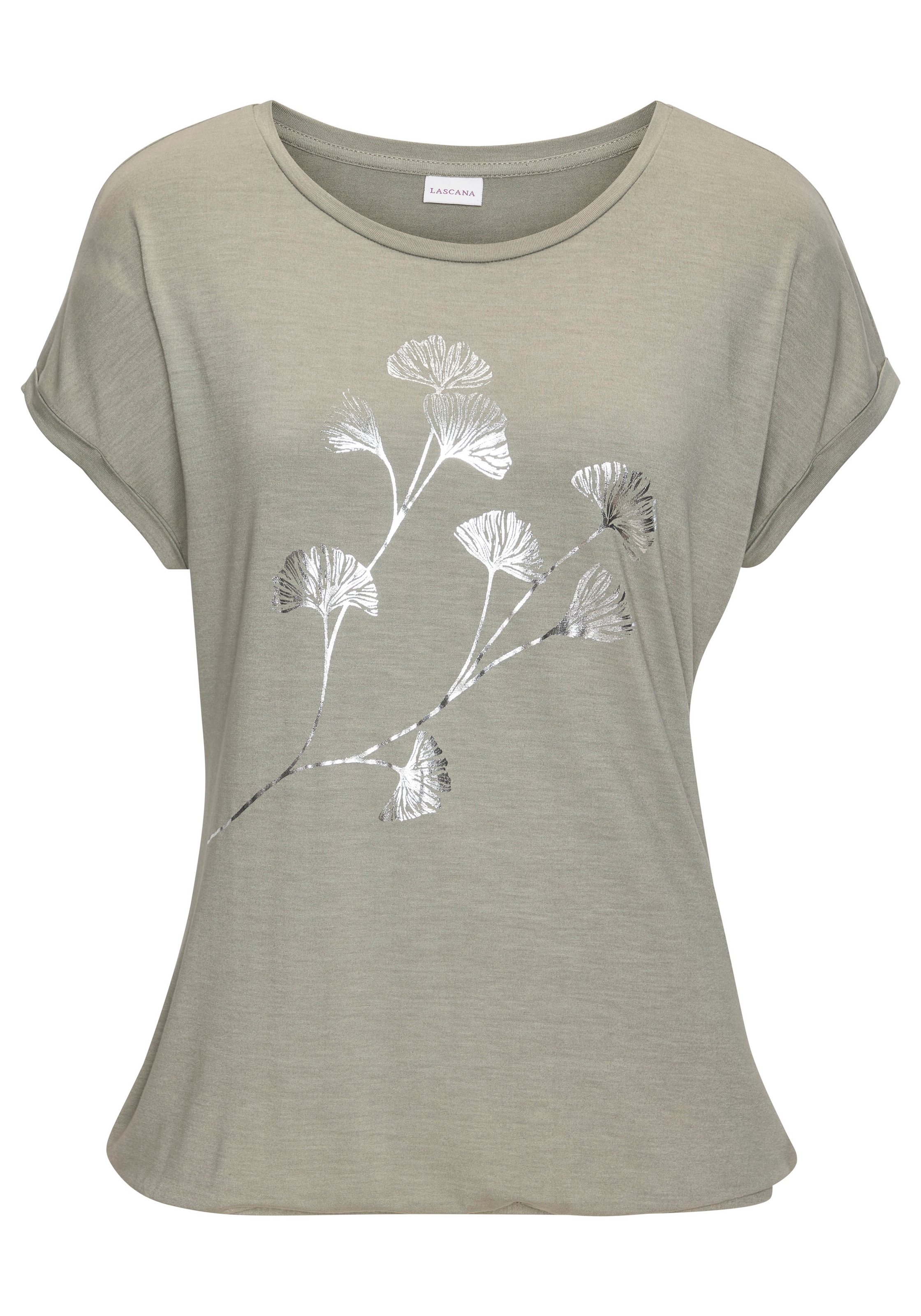 LASCANA Kurzarmshirt »mit schimmerndem Blumenprint«, aus elastischer Viskose-Qualität
