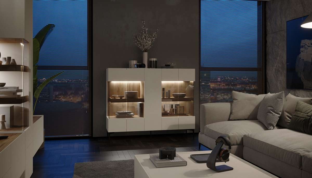 GOODproduct Highboard »Sky45 Kommode mit Glastüren, Höhe 142 cm« Vitrine, Lackiert mit wasserbasiertem UV-Lack