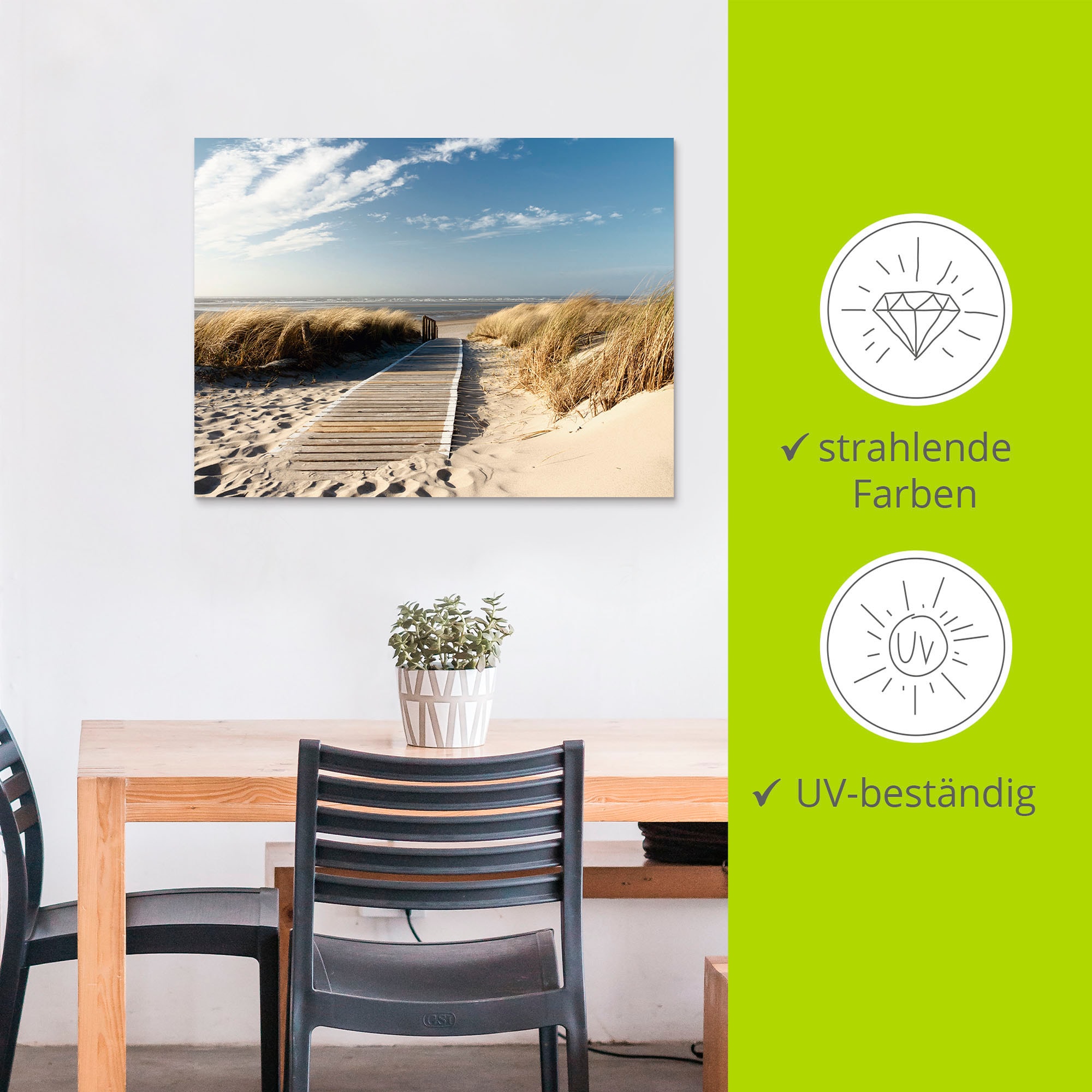 Artland Wandbild »Nordseestrand auf Langeoog - Steg«, Strand, (1 St.), als Alubild, Outdoorbild, Leinwandbild, Wandaufkleber, versch. Grössen