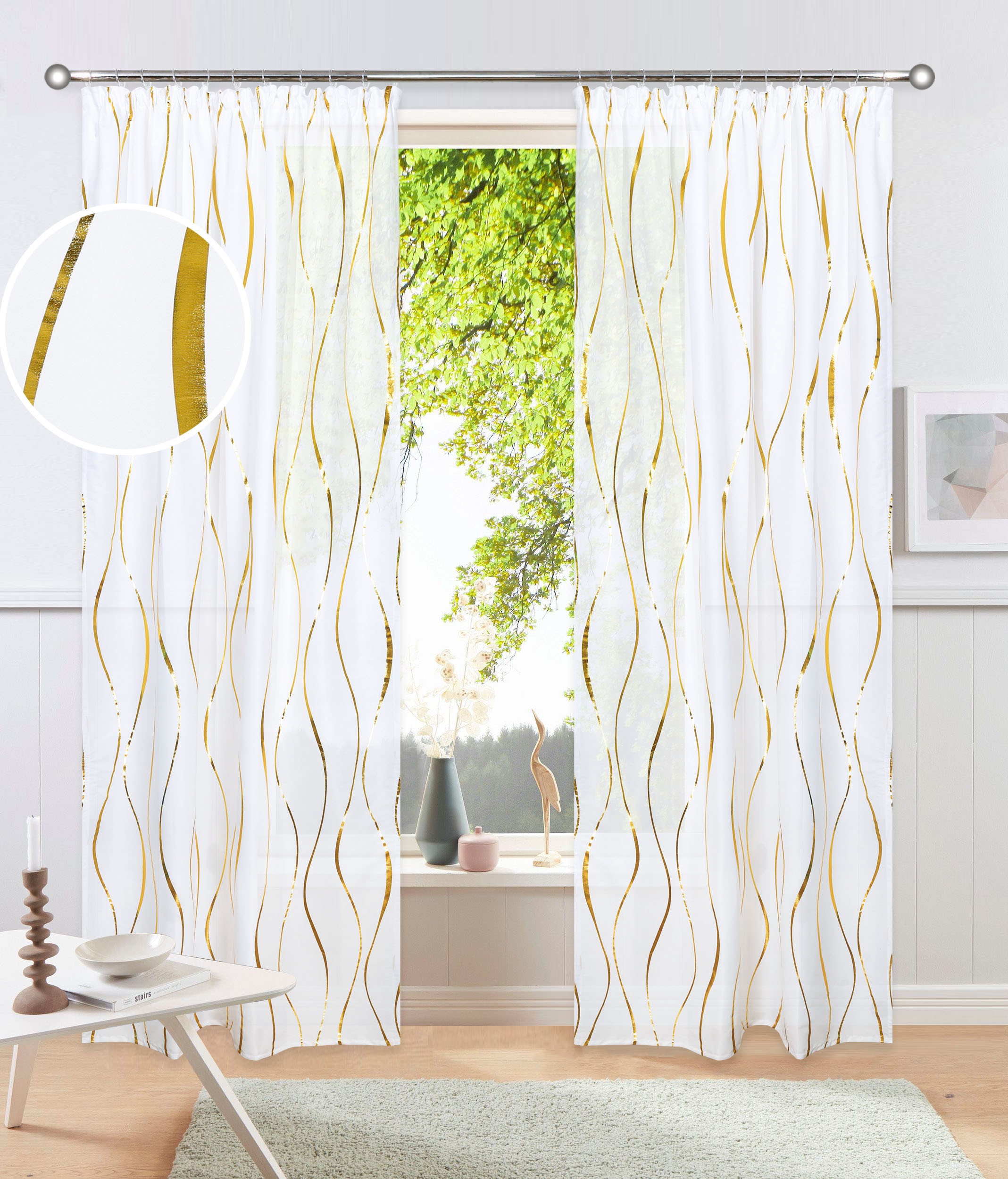 Image of GOODproduct Gardine "Quinnton, 2 Stück halbetransparent, Wellenmuster," Kräuselband 2 Stk. tlg. Metallic‑Akzenten, Kräuselband, schöner Stoff, mittelleicht
