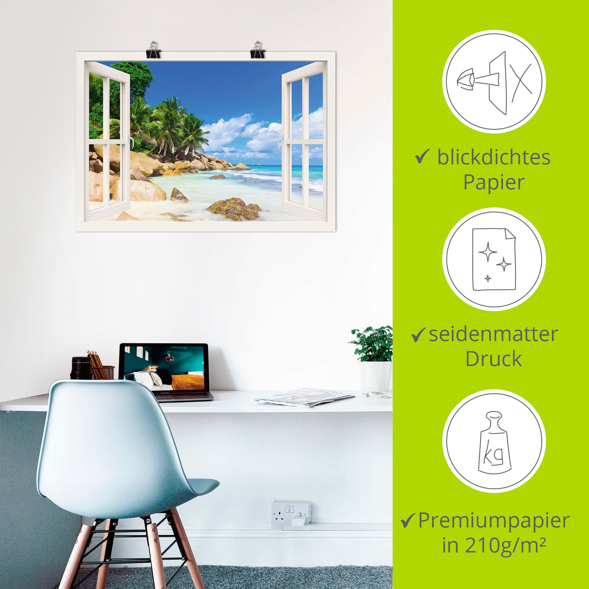 Artland Wandbild »Küste mit Palmen durchs Fenster« Karibikbilder 1 Stk. tlg. als Leinwandbild, Poster in verschied. Grössen